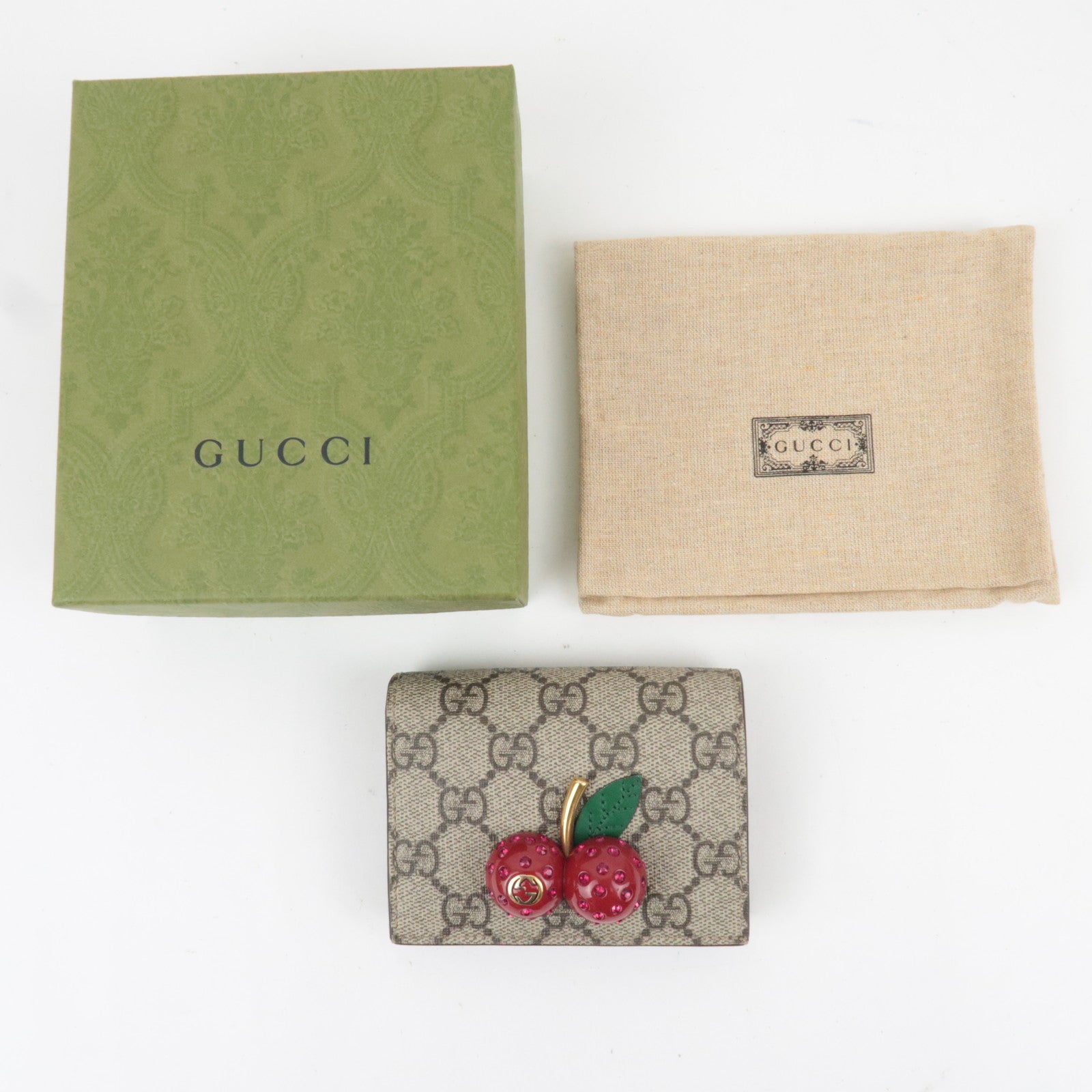 GUCCI GG Supreme Cherry Bi-Fold Wallet GG Supreme Beige Red 476050 *Box, Dust bag