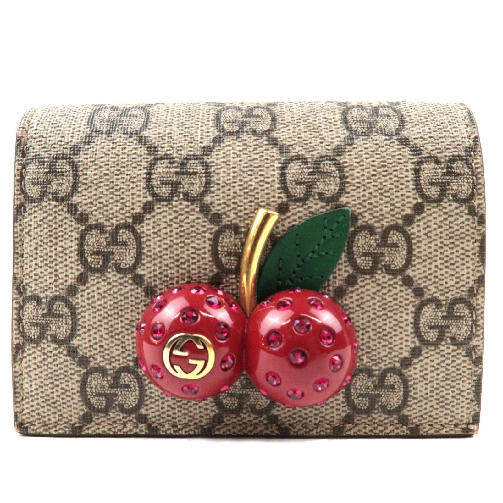 GUCCI GG Supreme Cherry Bi-Fold Wallet GG Supreme Beige Red 476050 *Box, Dust bag78253