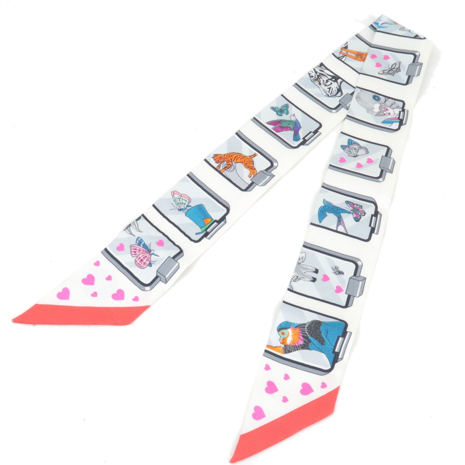 HERMES Twilly 2023AW HERMES Story Scarf Silk 100% White Red78301