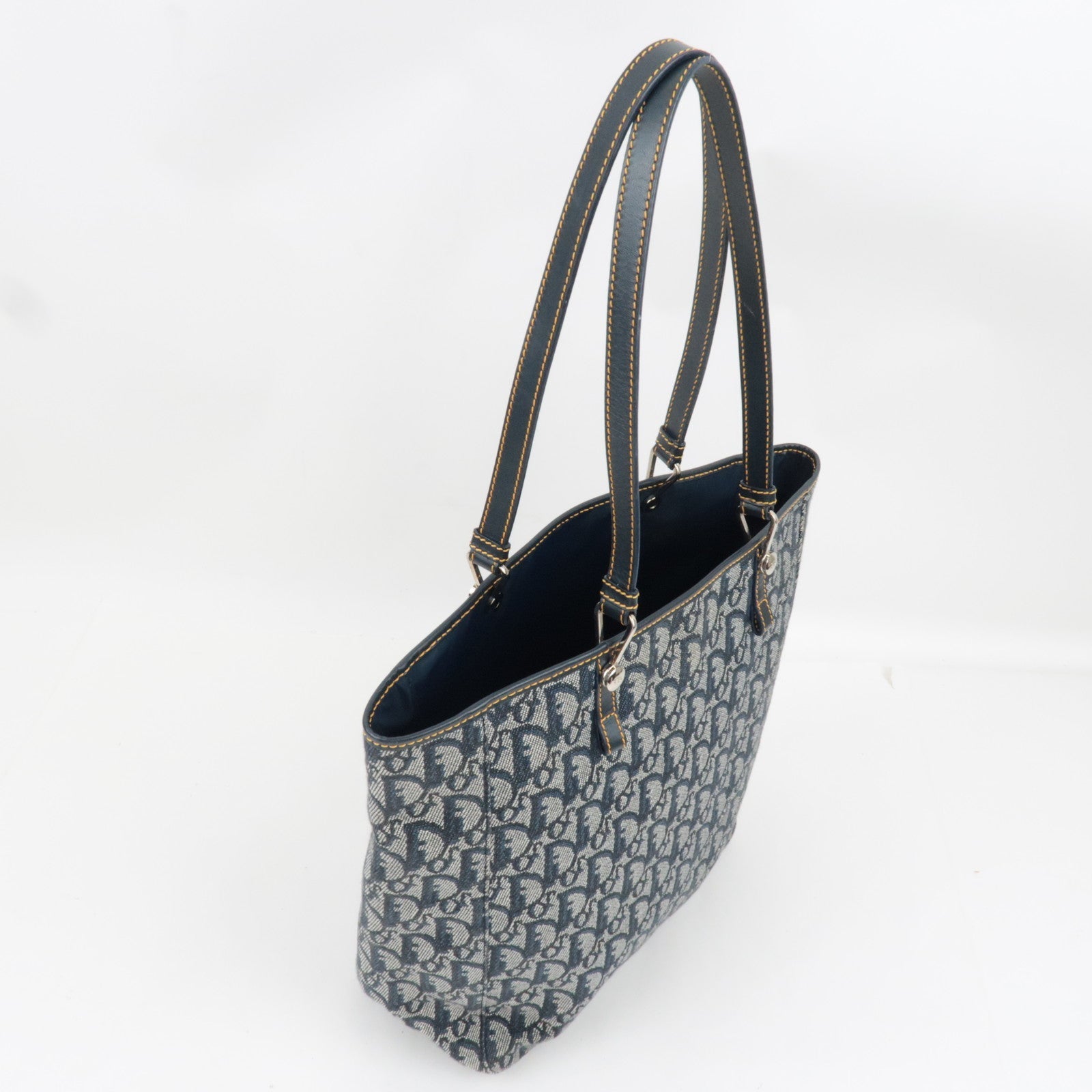 Christian Dior Trotter Tote Bag Canvas Leather Navy