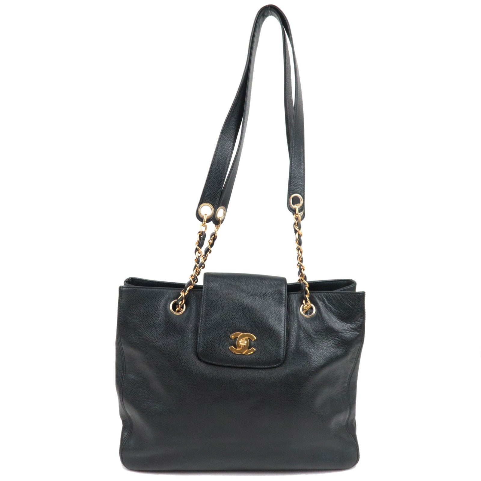 CHANEL Supermodel Medium Chain Tote Bag Caviar Skin Black Gold HDW 4676511 78680
