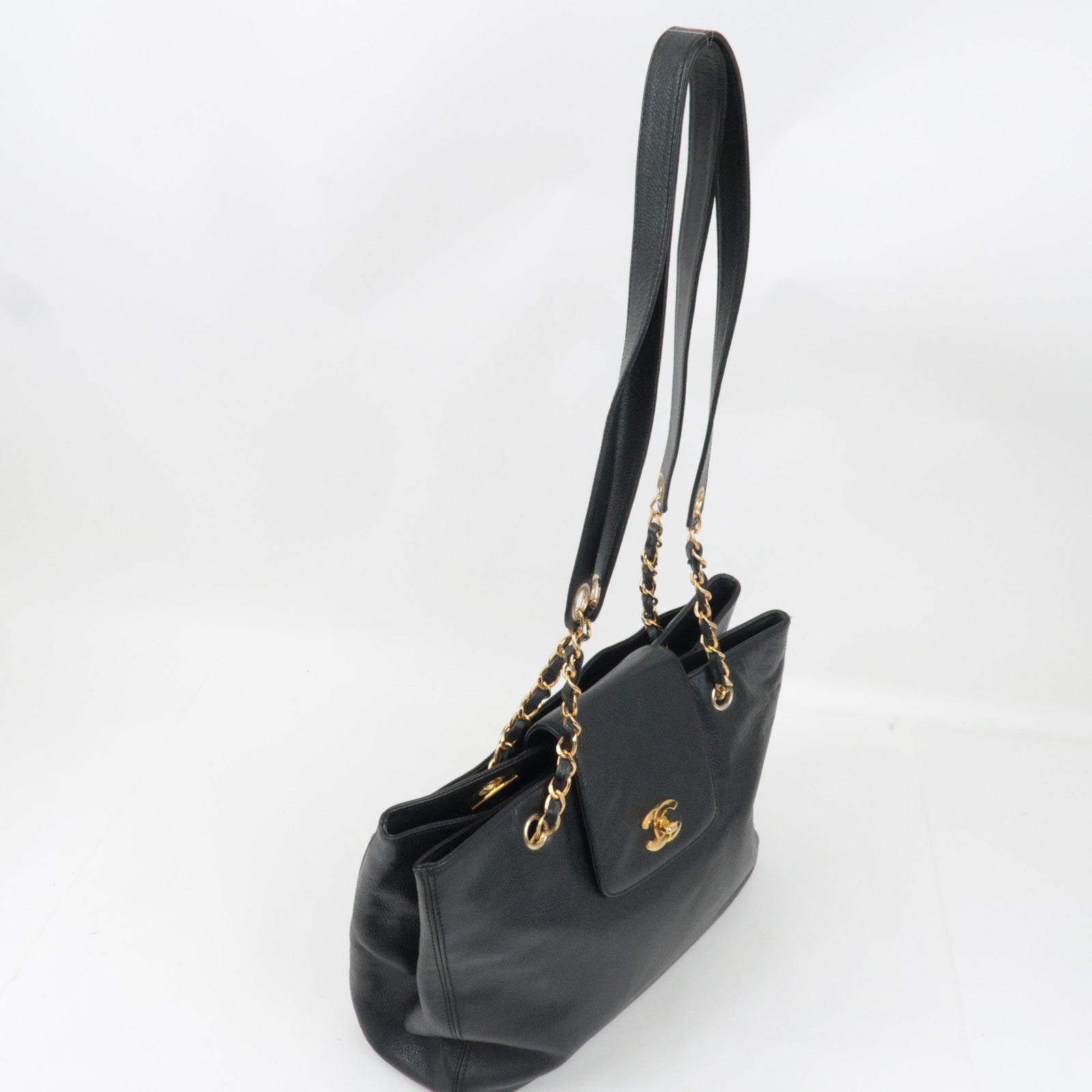 CHANEL Supermodel Medium Chain Tote Bag Caviar Skin Black Gold HDW 4676511
