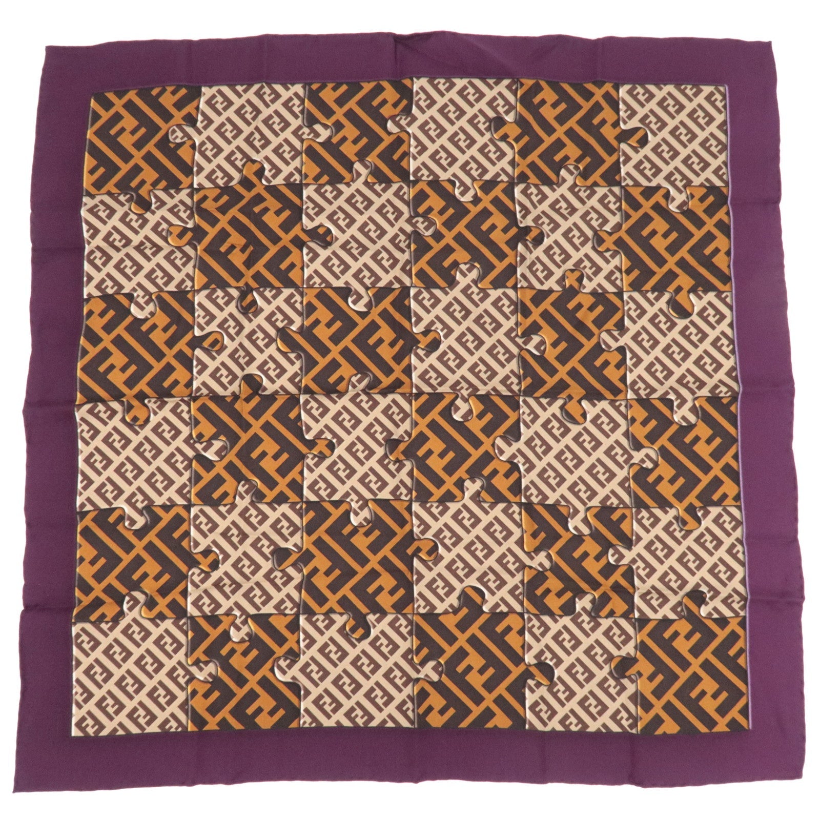 FENDI Zucca Zucchino Puzzle Print Scarf 100% Silk Brown Beige *Paper case78846