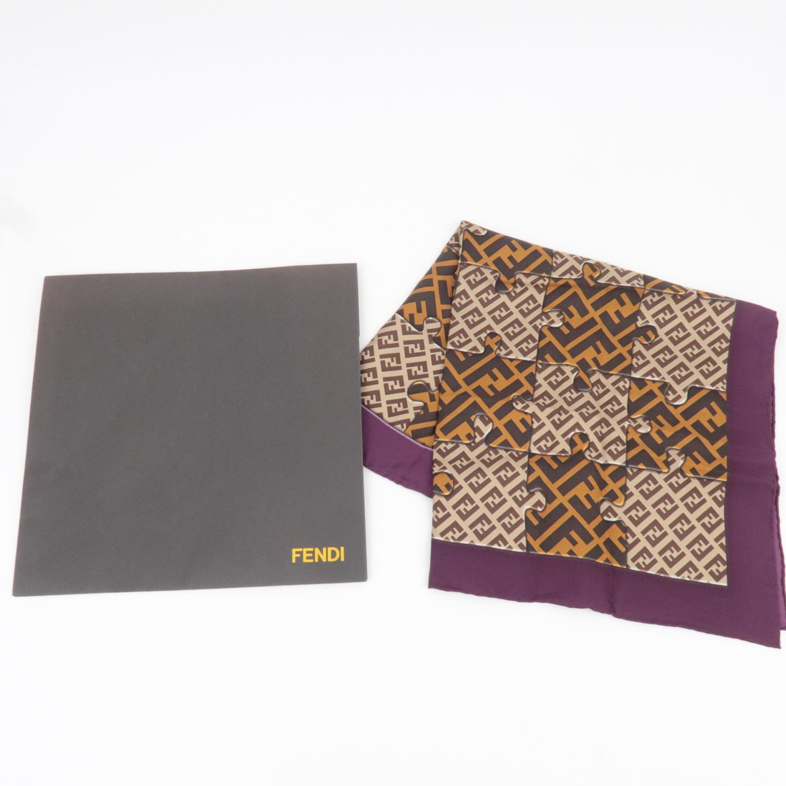 FENDI Zucca Zucchino Puzzle Print Scarf 100% Silk Brown Beige *Paper case
