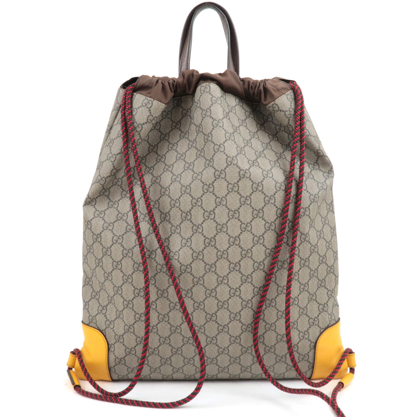 GUCCI GG Supreme Drawstring Backpack Leather Nylon Beige Brown Yellow 473872