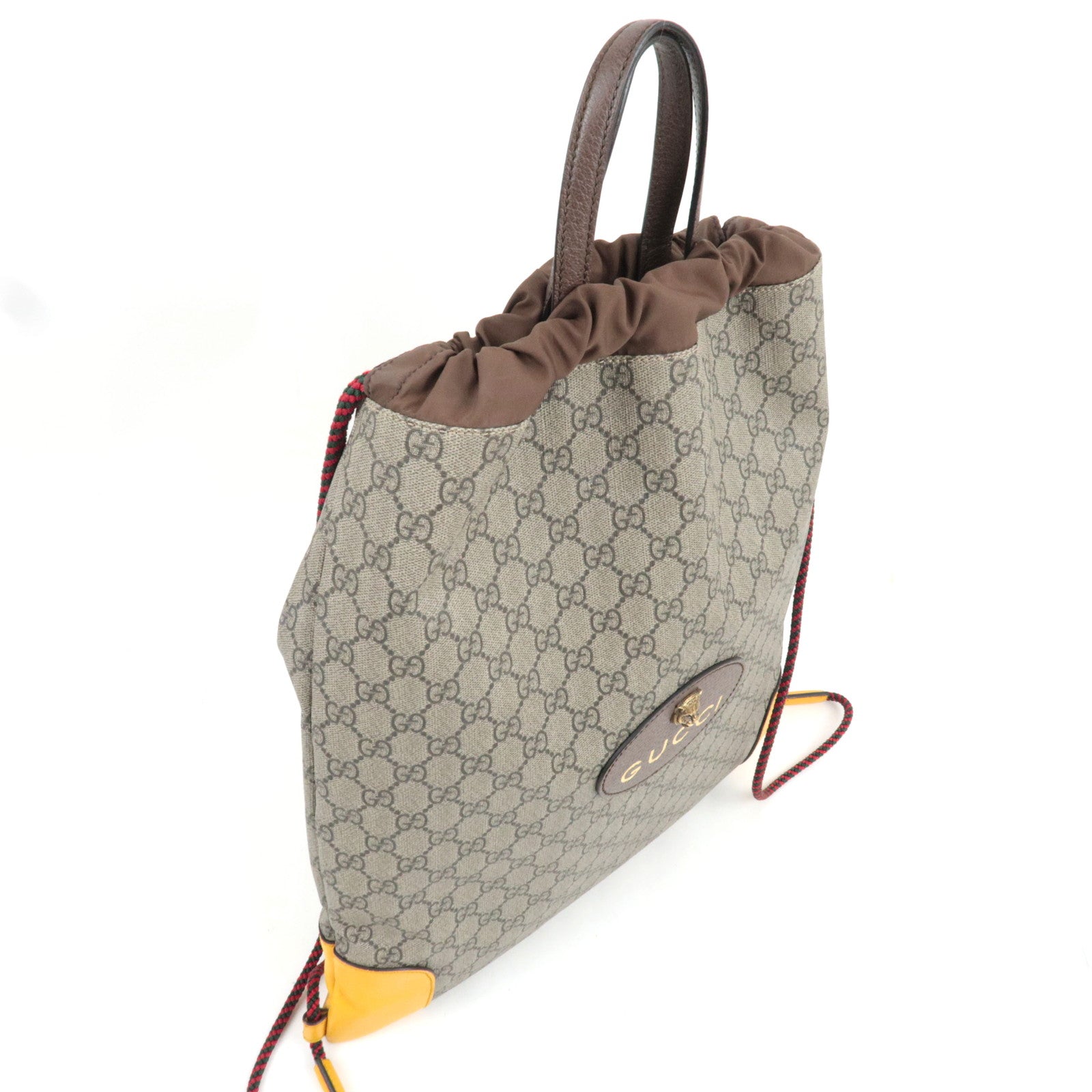 GUCCI GG Supreme Drawstring Backpack Leather Nylon Beige Brown Yellow 473872
