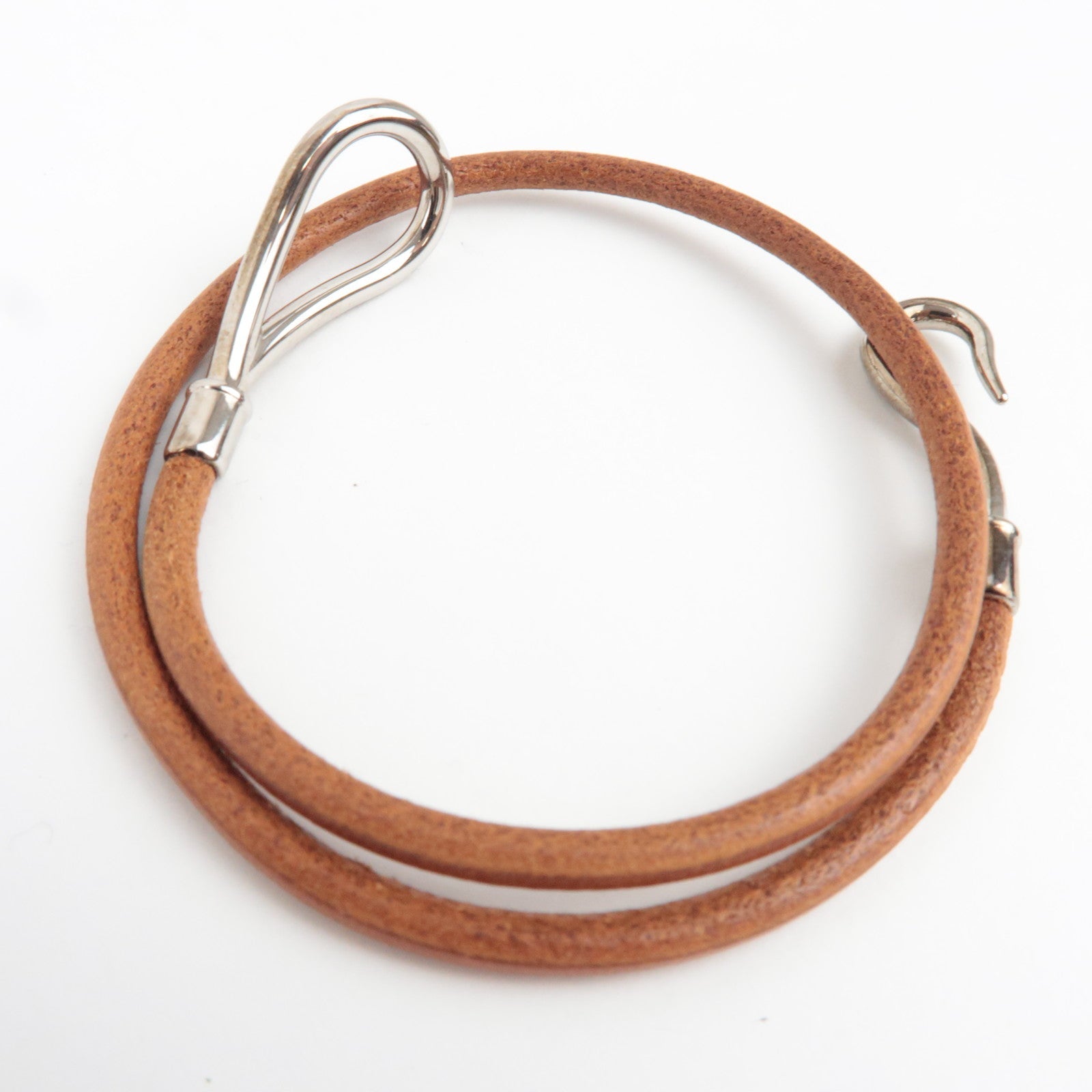 HERMES Jumbo Choker Double Bracelet Leather Brown Silver HDW *Box