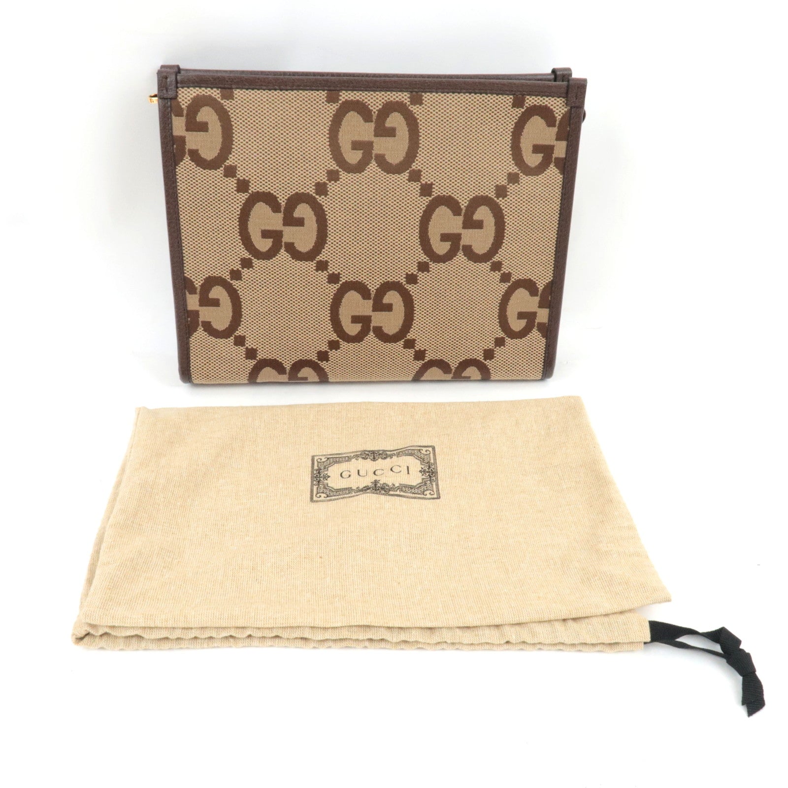 GUCCI Jumbo GG Clutch Bag Canvas Leather Beige Brown 699318 *Dust bag