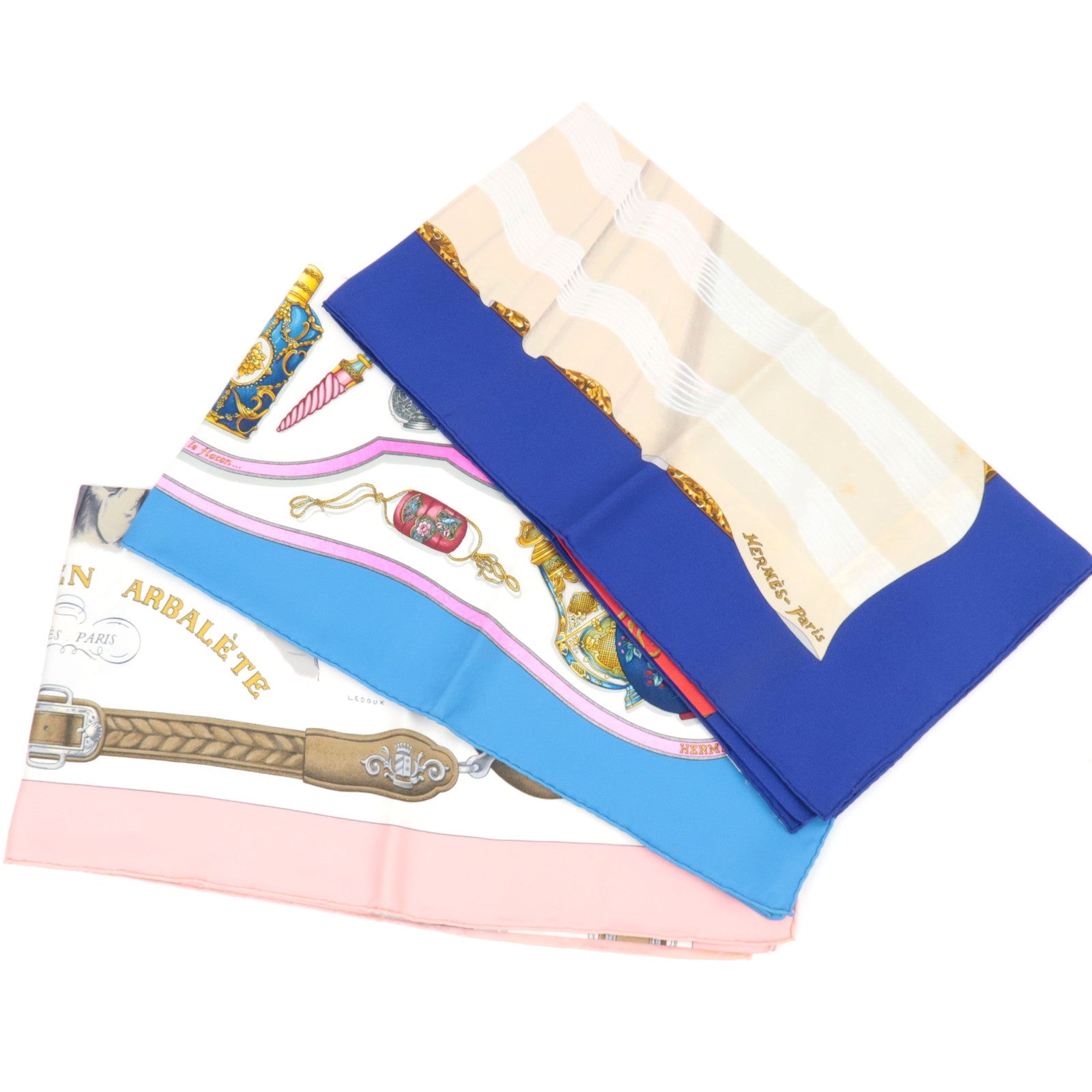 HERMES Set of 3 Carre 90 Scarf 100% Silk Blue White / Pink White / Blue White *Box78964
