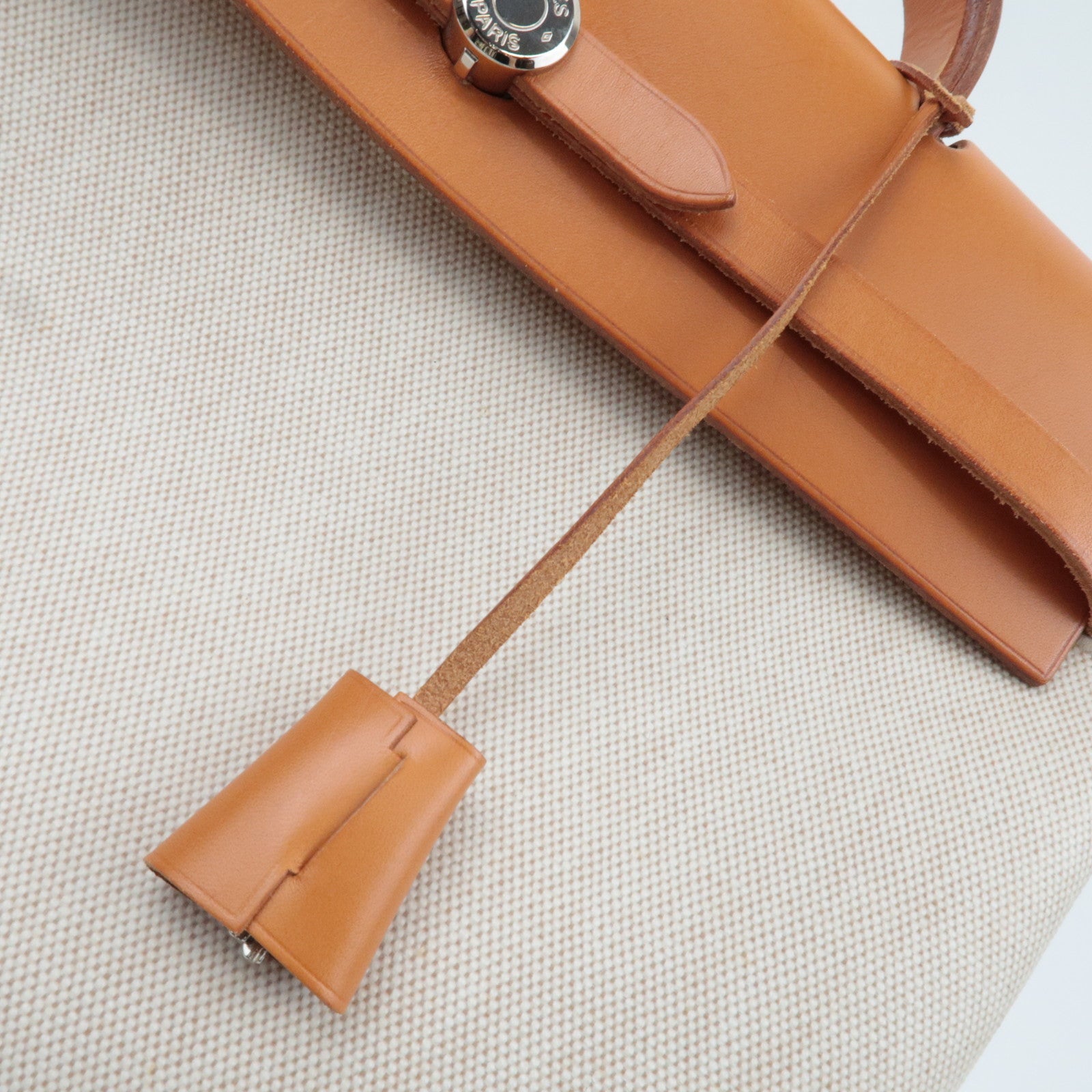 HERMES Her Bag MM □B Stamp (1998) Toile H Leather Beige Camel *Spare bag, Key Lock, Clochette