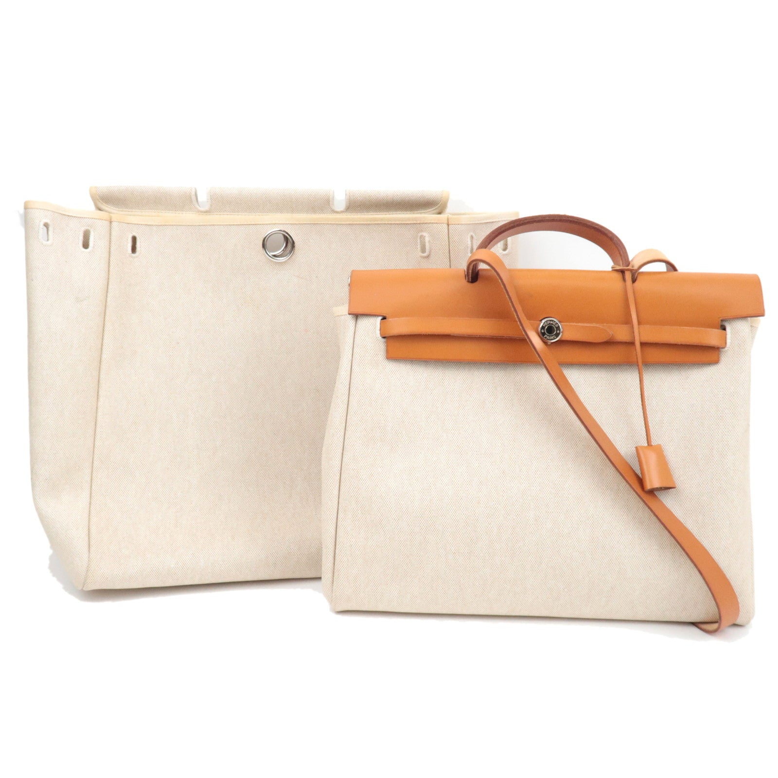 HERMES Her Bag MM □B Stamp (1998) Toile H Leather Beige Camel *Spare bag, Key Lock, Clochette79012