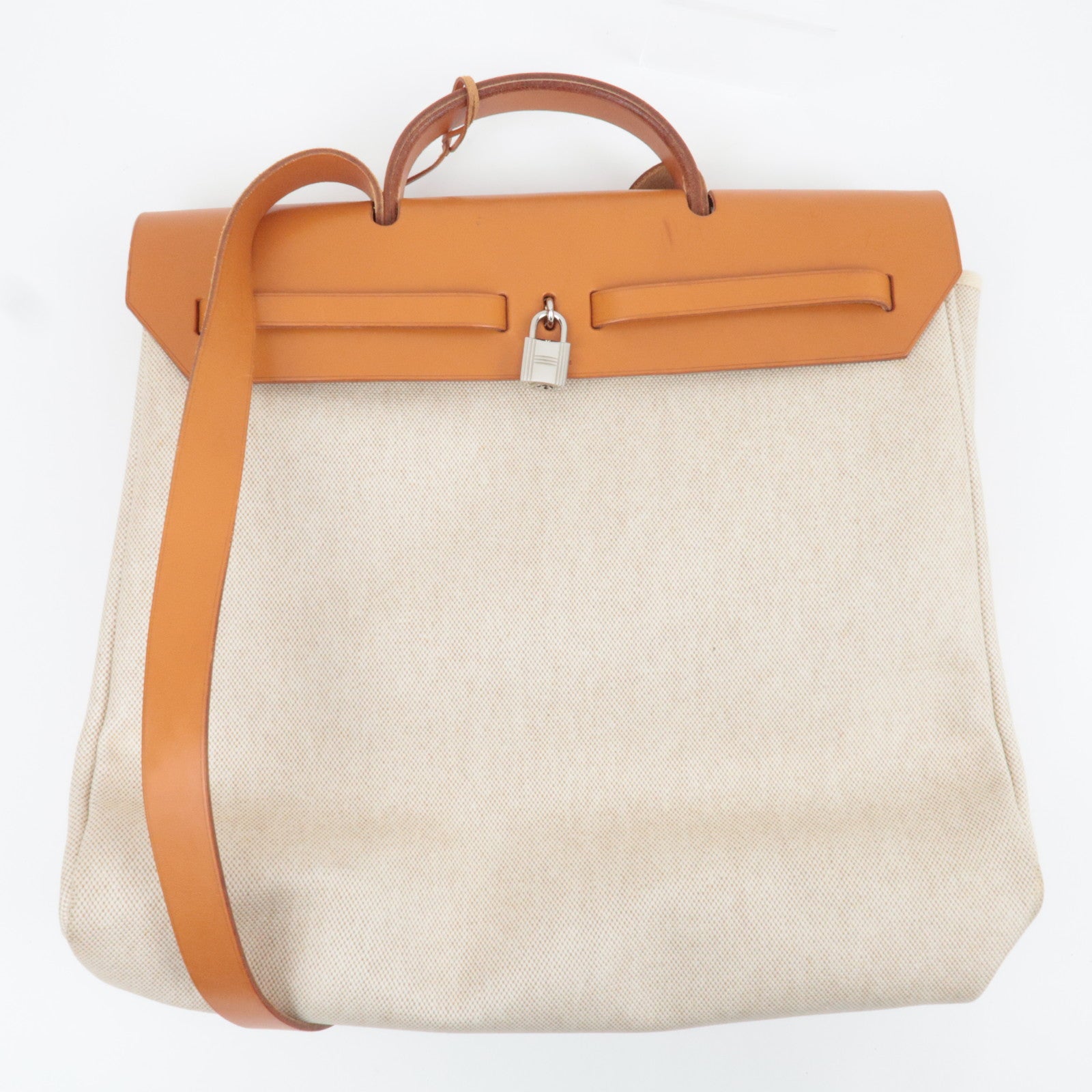 HERMES Her Bag MM □B Stamp (1998) Toile H Leather Beige Camel *Spare bag, Key Lock, Clochette