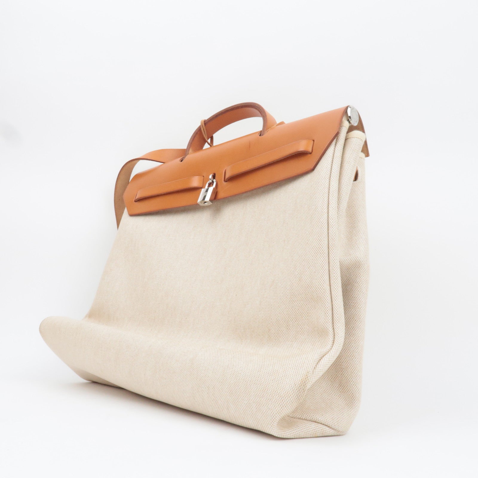 HERMES Her Bag MM □B Stamp (1998) Toile H Leather Beige Camel *Spare bag, Key Lock, Clochette