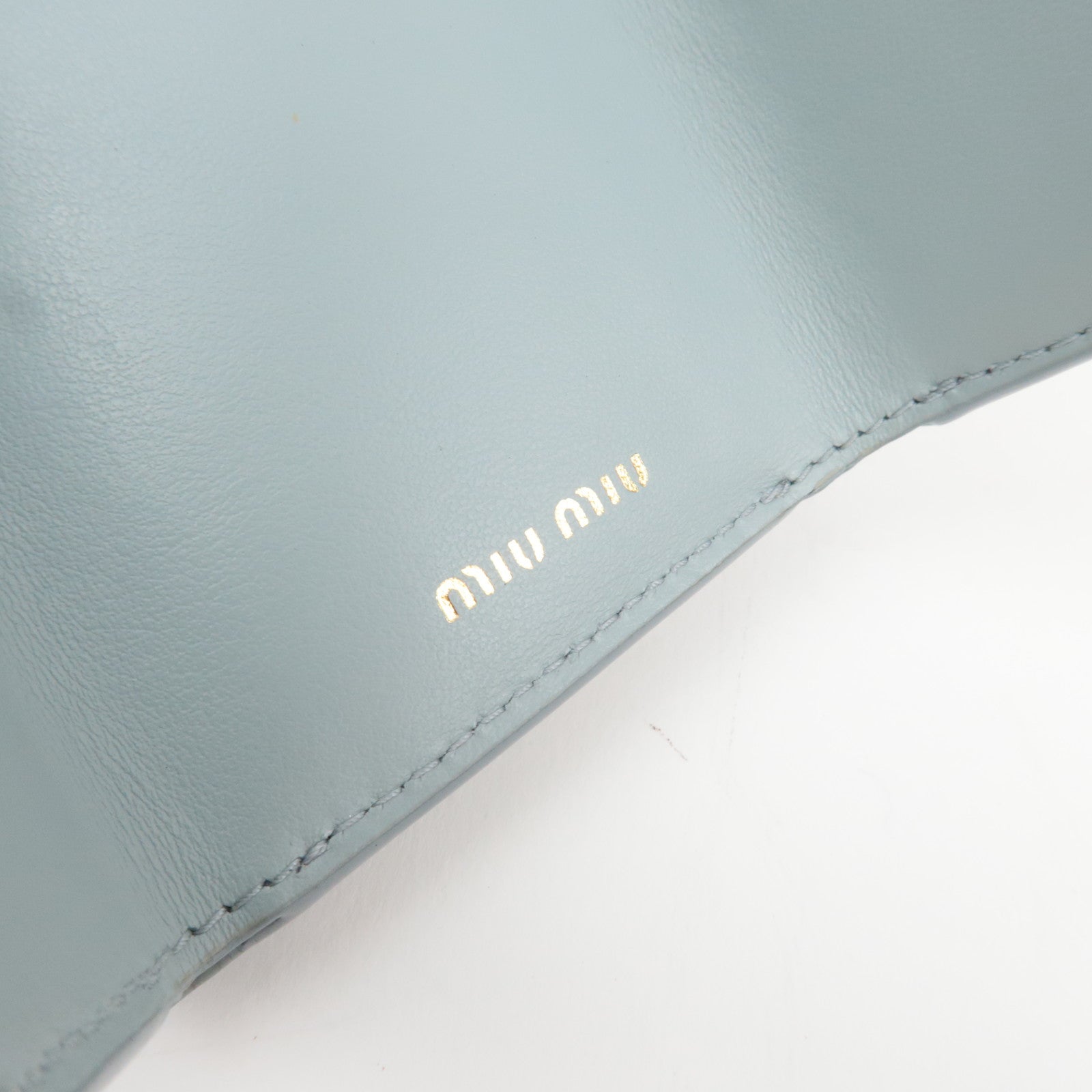 MIU MIU Heart Print Tri-Fold Wallet Leather Light Blue 5MH020 *Box, G card