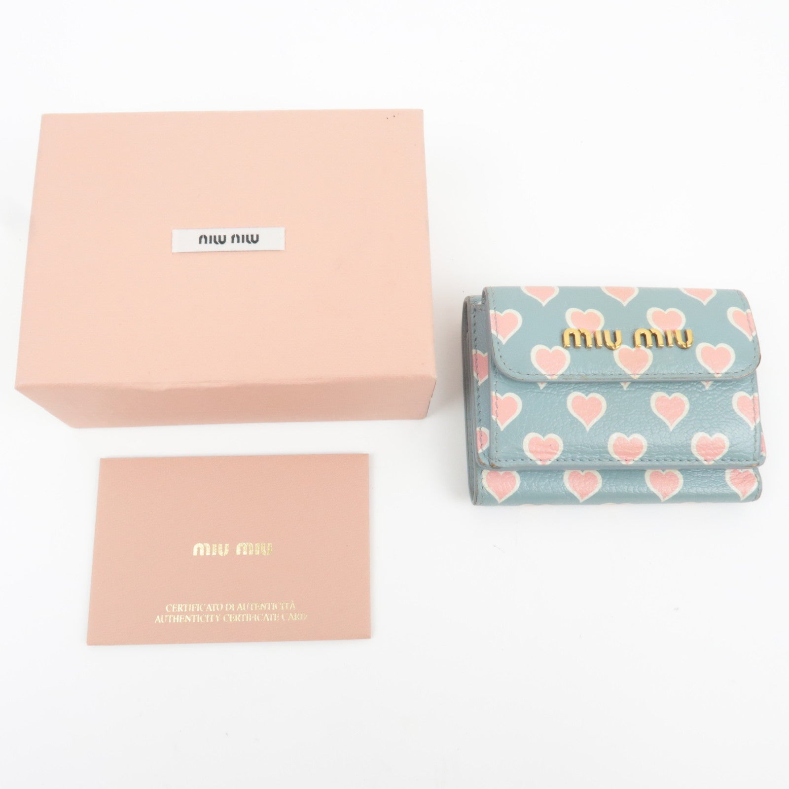 MIU MIU Heart Print Tri-Fold Wallet Leather Light Blue 5MH020 *Box, G card