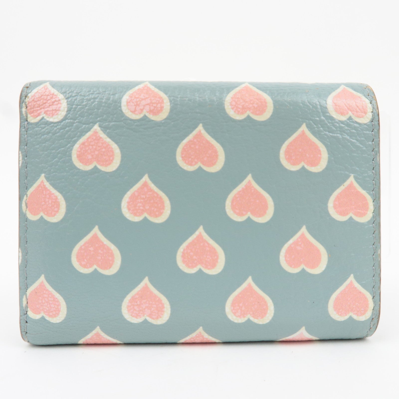 MIU MIU Heart Print Tri-Fold Wallet Leather Light Blue 5MH020 *Box, G card