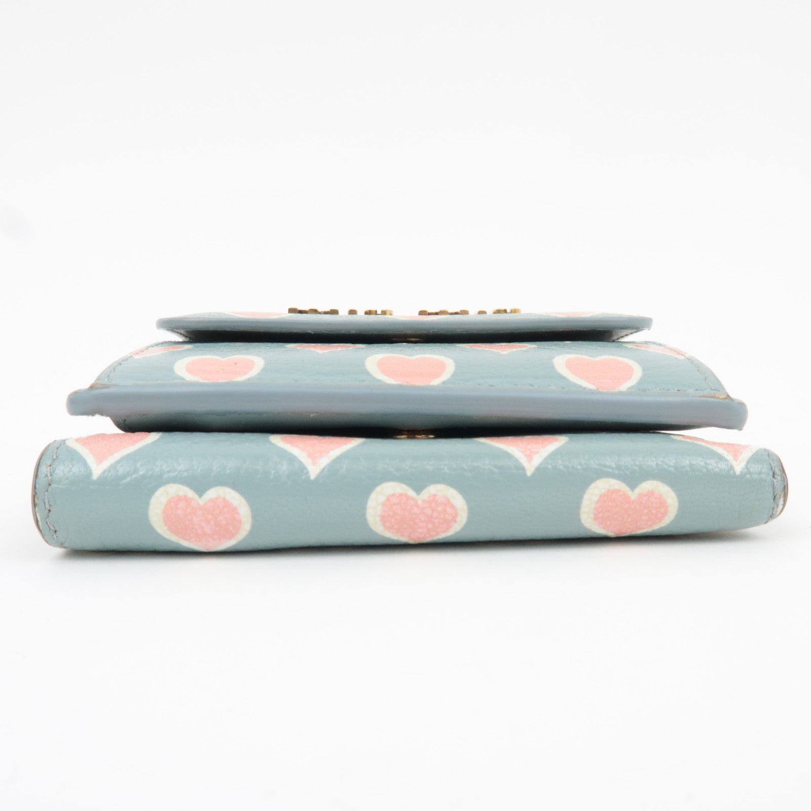 MIU MIU Heart Print Tri-Fold Wallet Leather Light Blue 5MH020 *Box, G card