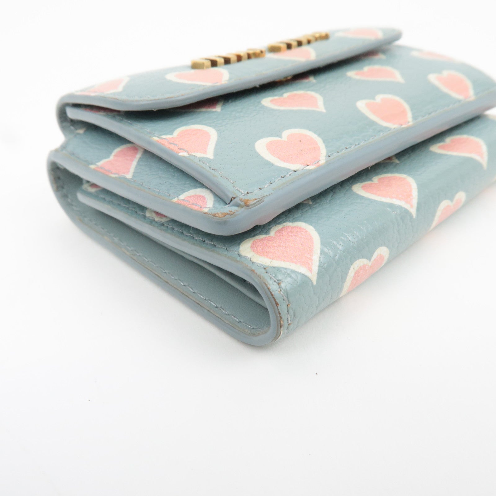 MIU MIU Heart Print Tri-Fold Wallet Leather Light Blue 5MH020 *Box, G card