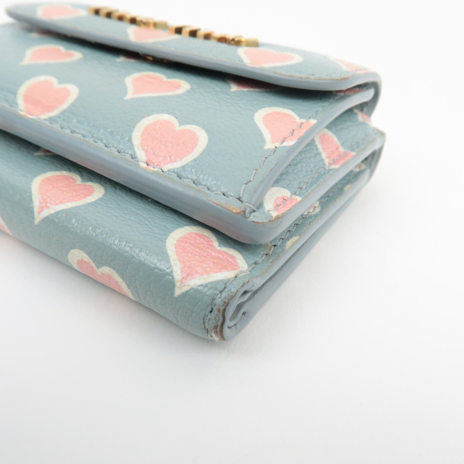 MIU MIU Heart Print Tri-Fold Wallet Leather Light Blue 5MH020 *Box, G card