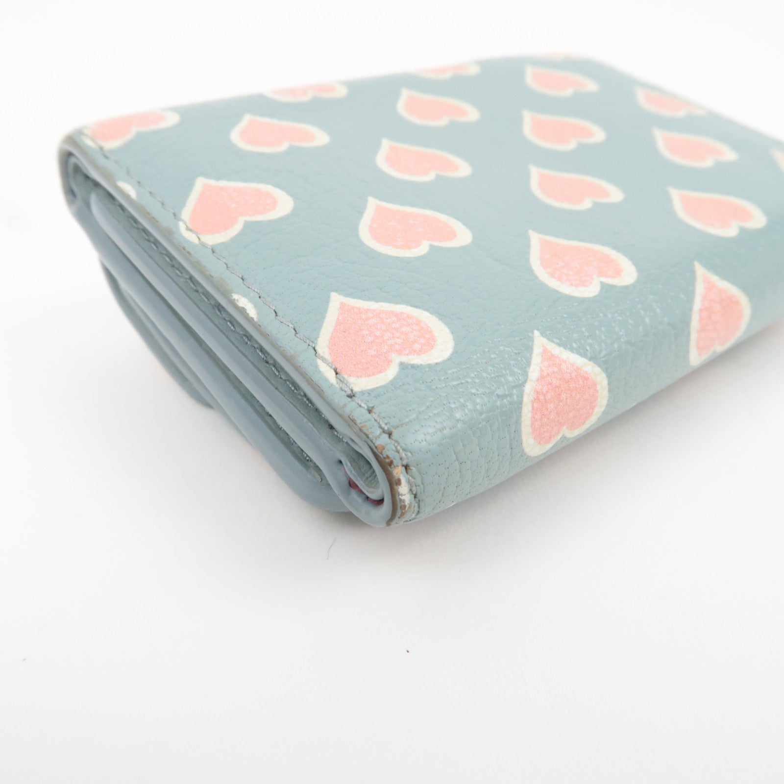 MIU MIU Heart Print Tri-Fold Wallet Leather Light Blue 5MH020 *Box, G card