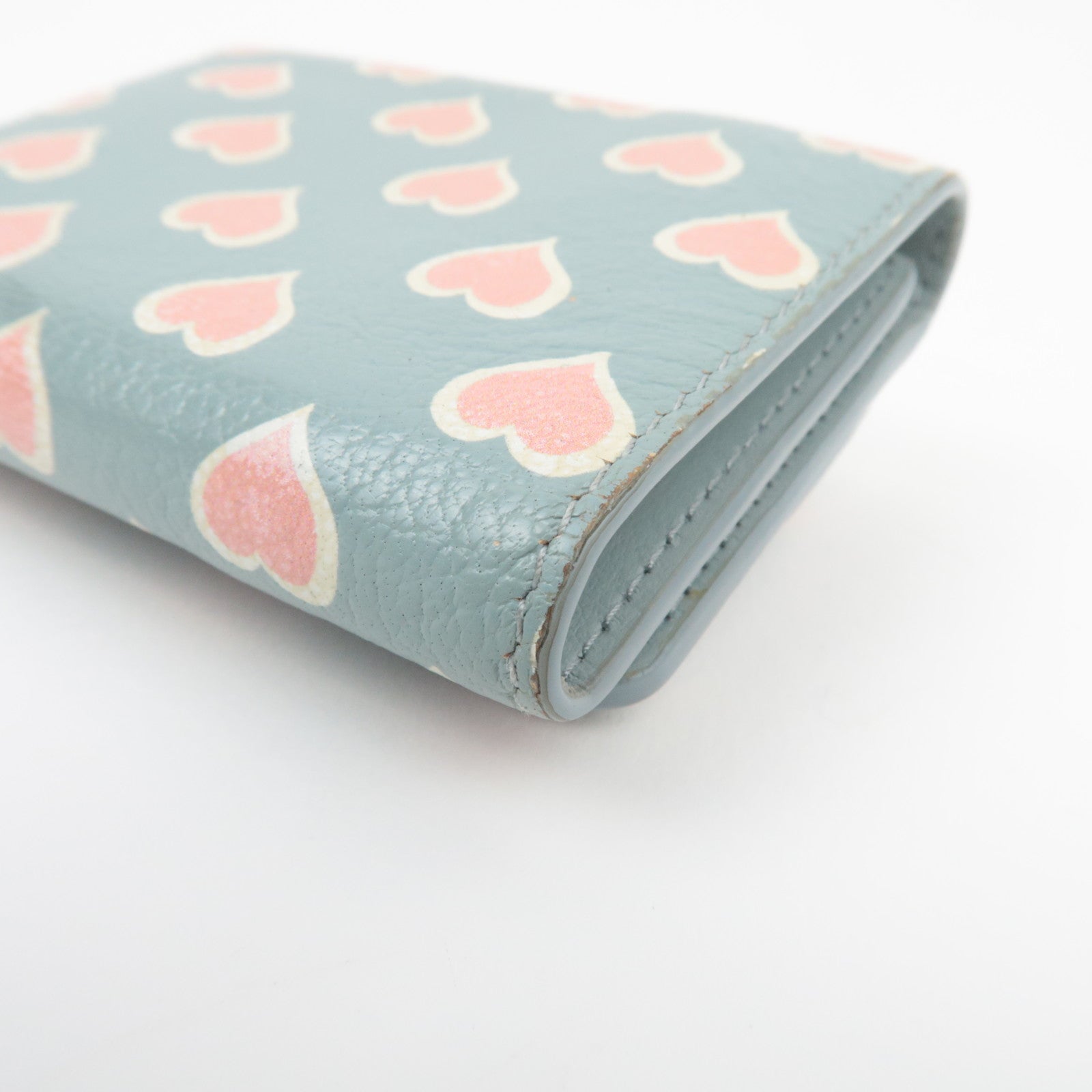 MIU MIU Heart Print Tri-Fold Wallet Leather Light Blue 5MH020 *Box, G card