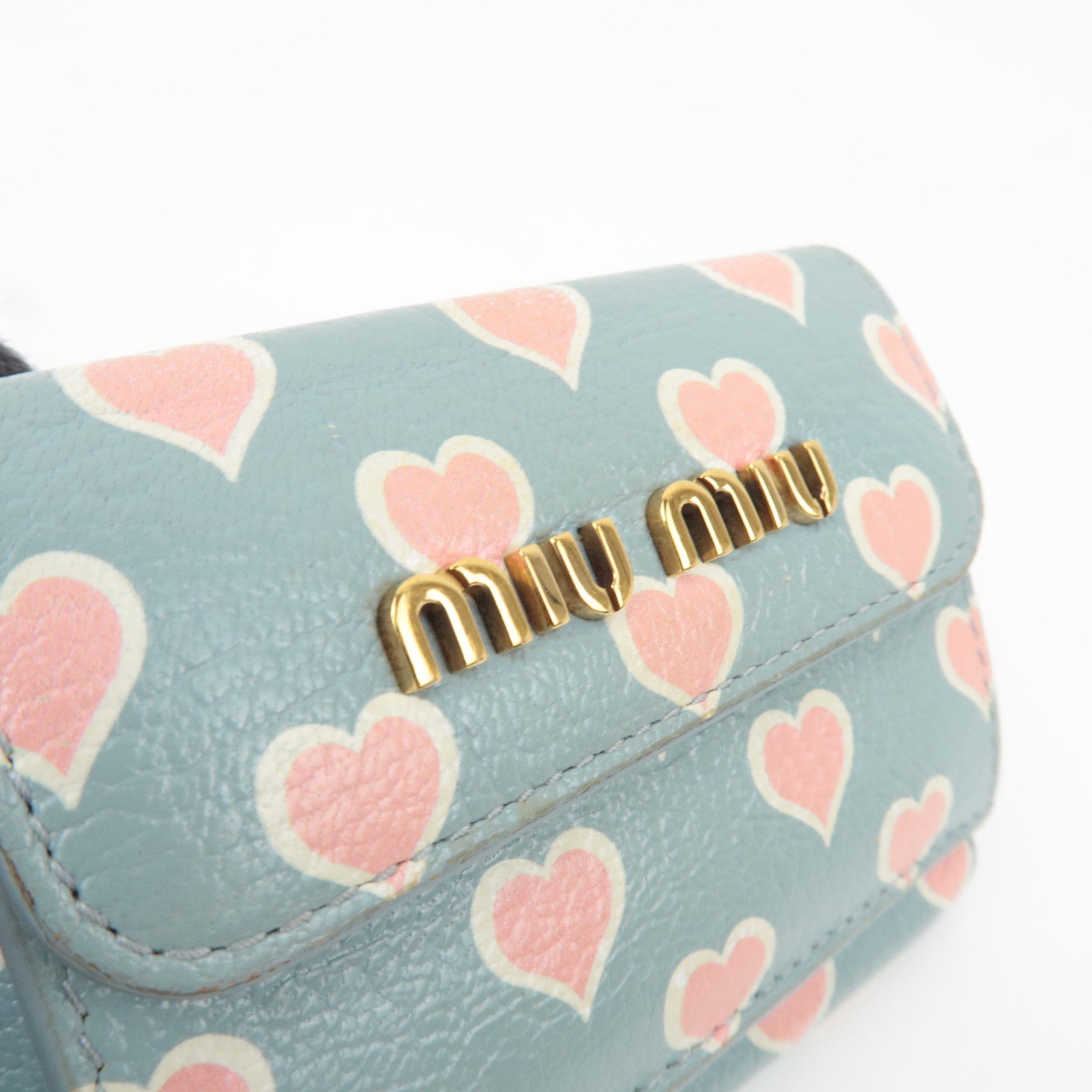 MIU MIU Heart Print Tri-Fold Wallet Leather Light Blue 5MH020 *Box, G card