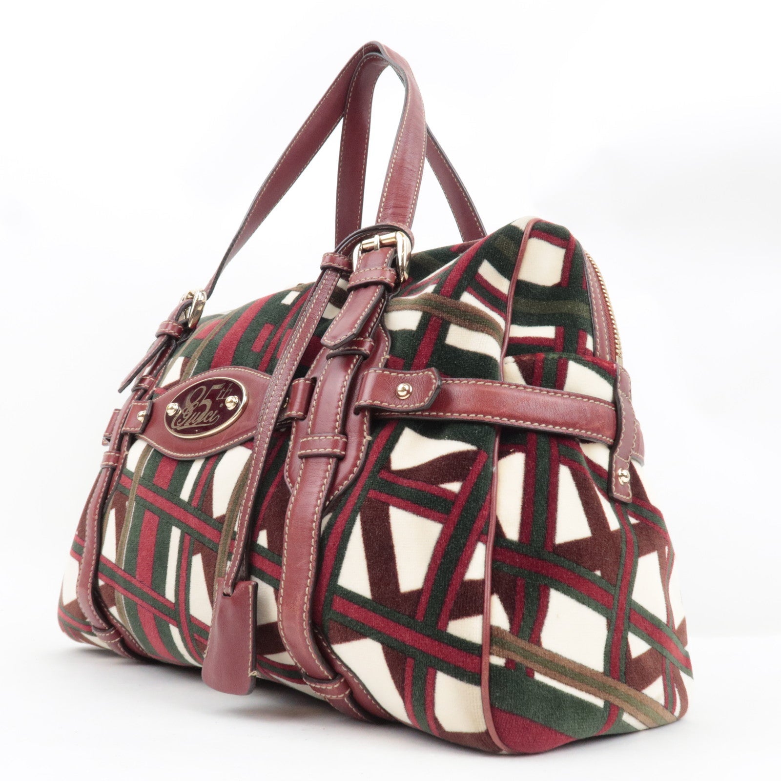 GUCCI Horsebit 85th Anniversary Boston Bag Velvet Brown Burgundy 163290 *Dust bag, Key Lock, Clochette