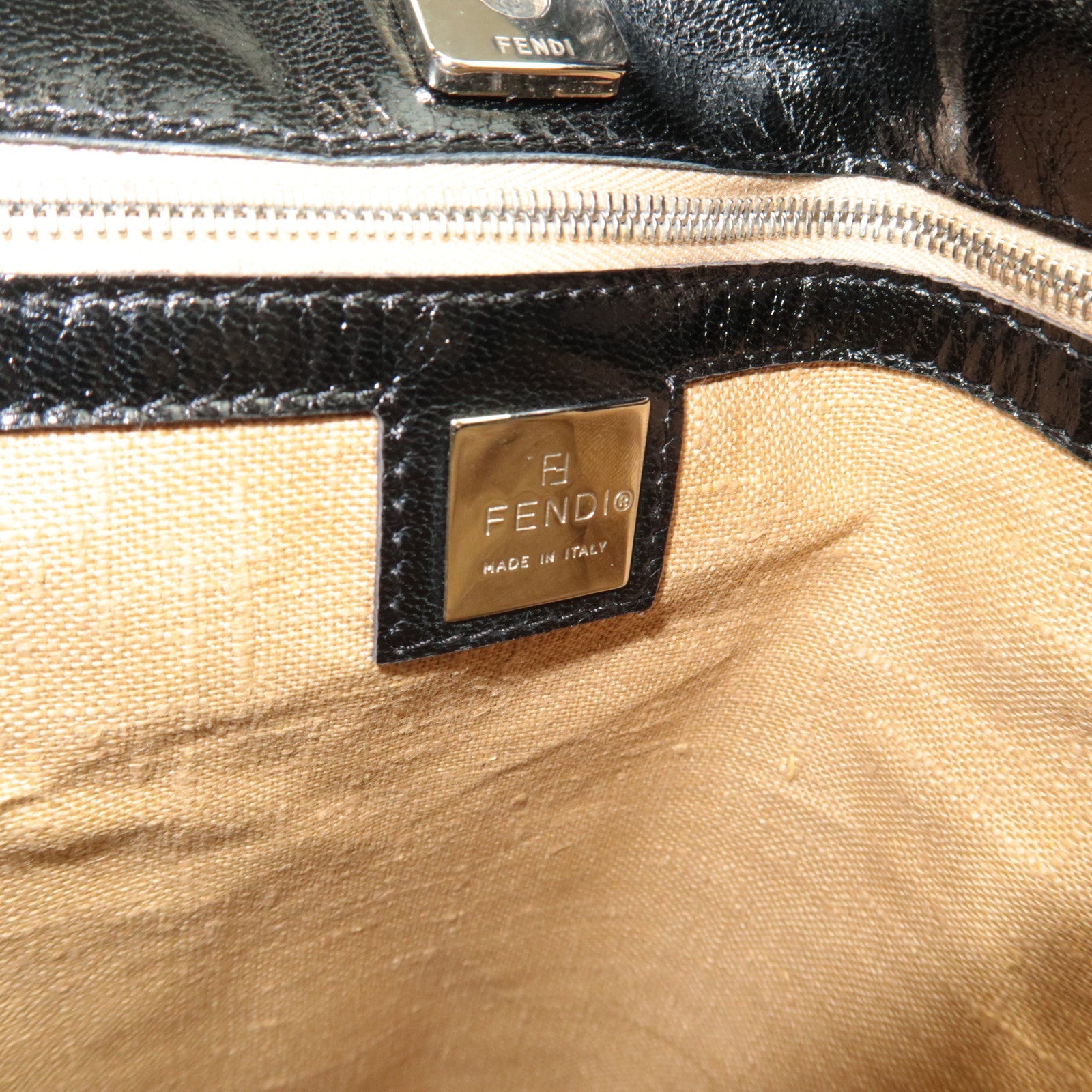 FENDI F Logo Tote Bag Nylon Leather Black