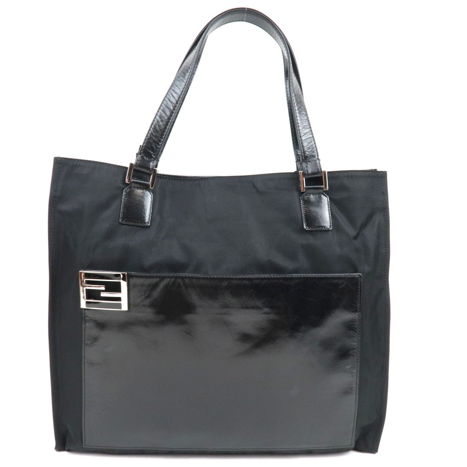 FENDI F Logo Tote Bag Nylon Leather Black79043