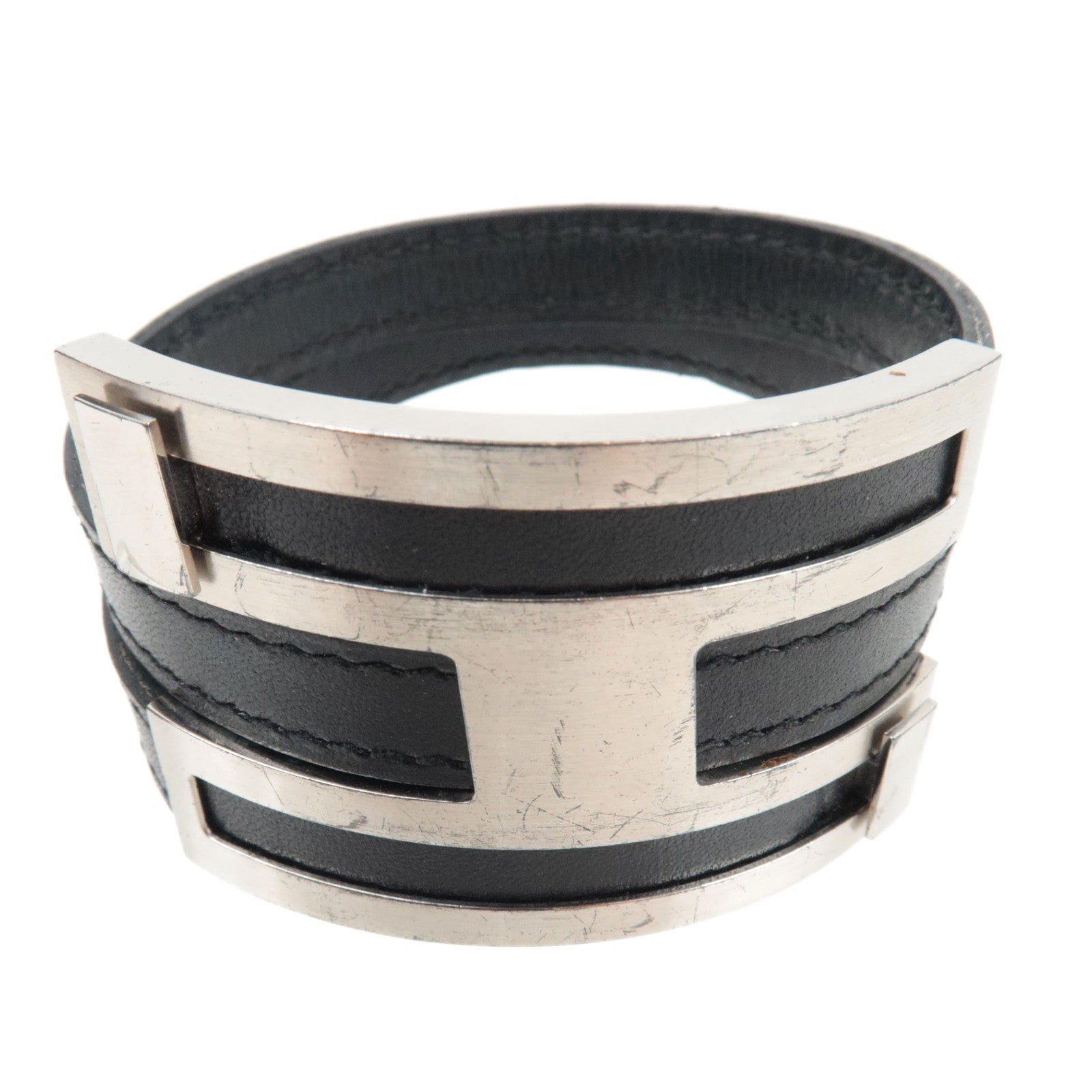 HERMES pousse-pousse MM Bracelet G Stamp (2003) Leather Black Silver HDW79150