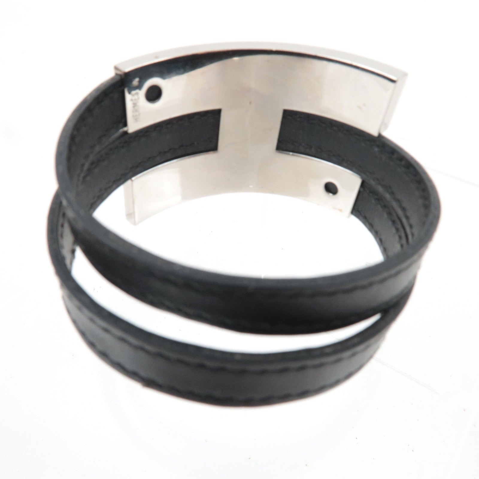 HERMES pousse-pousse MM Bracelet G Stamp (2003) Leather Black Silver HDW