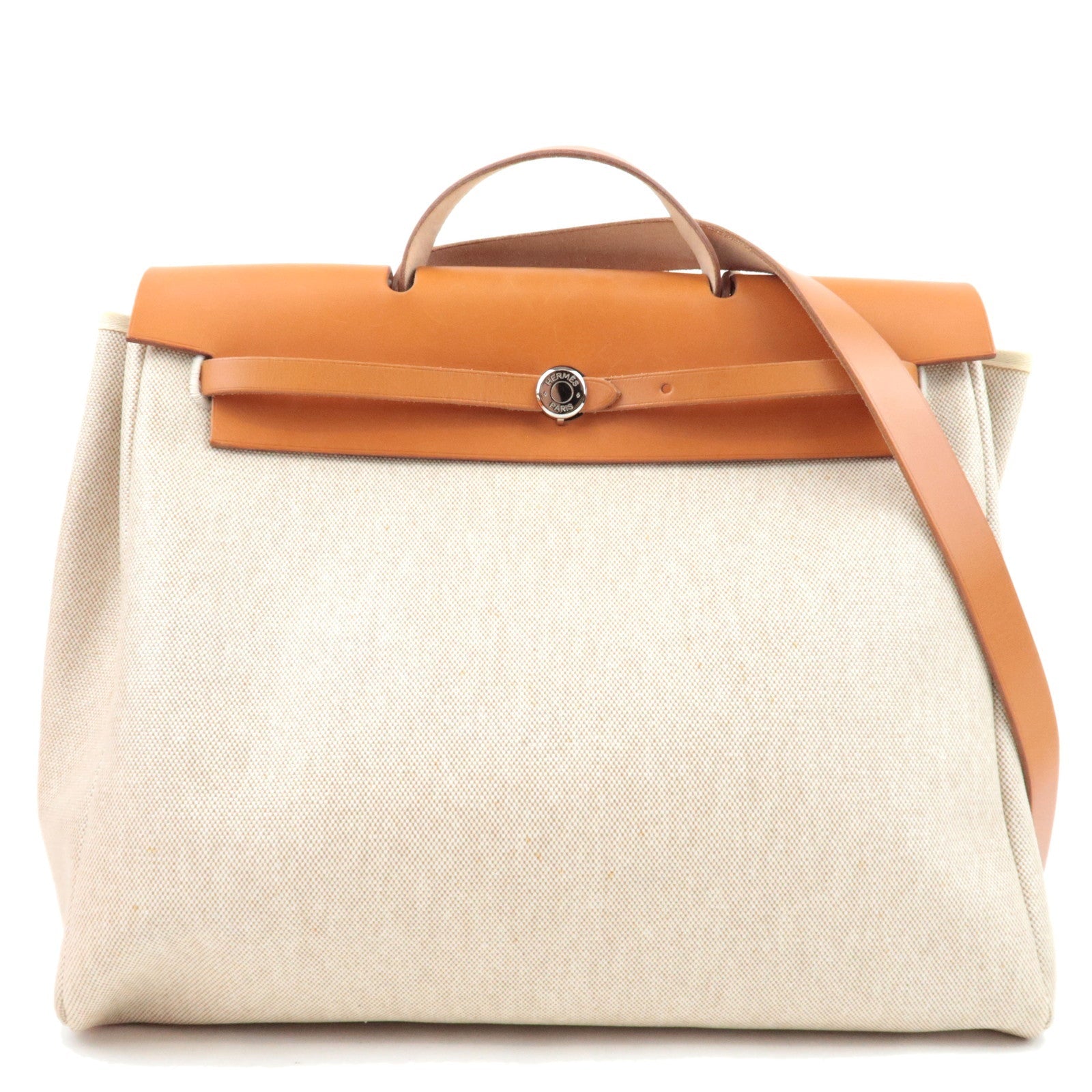 HERMES Her Bag MM □C Stamp (1999) Toile H Leather Beige Brown *Box, Dust bag, Clochette, Key Lock, Spare bag79156