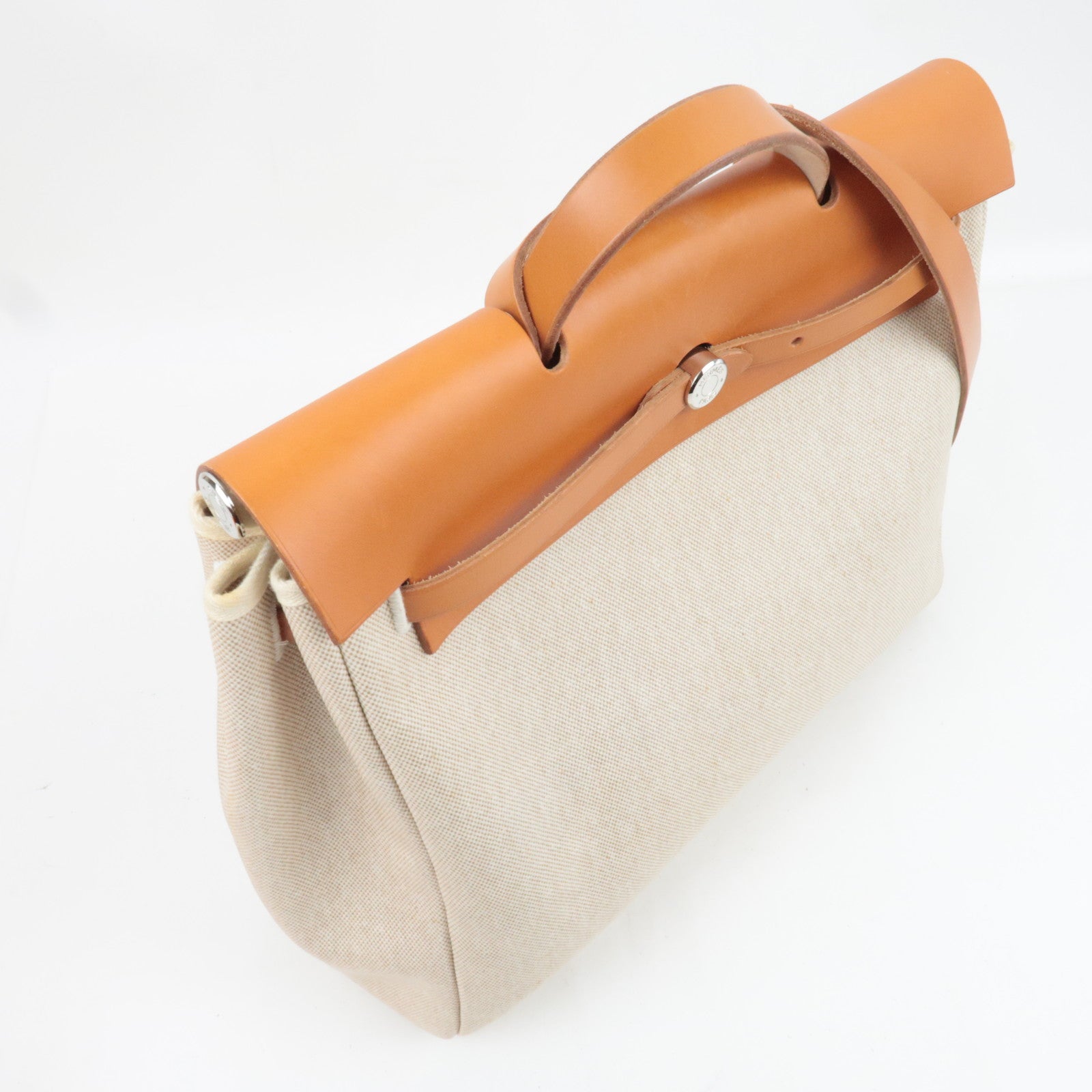 HERMES Her Bag MM □C Stamp (1999) Toile H Leather Beige Brown *Box, Dust bag, Clochette, Key Lock, Spare bag