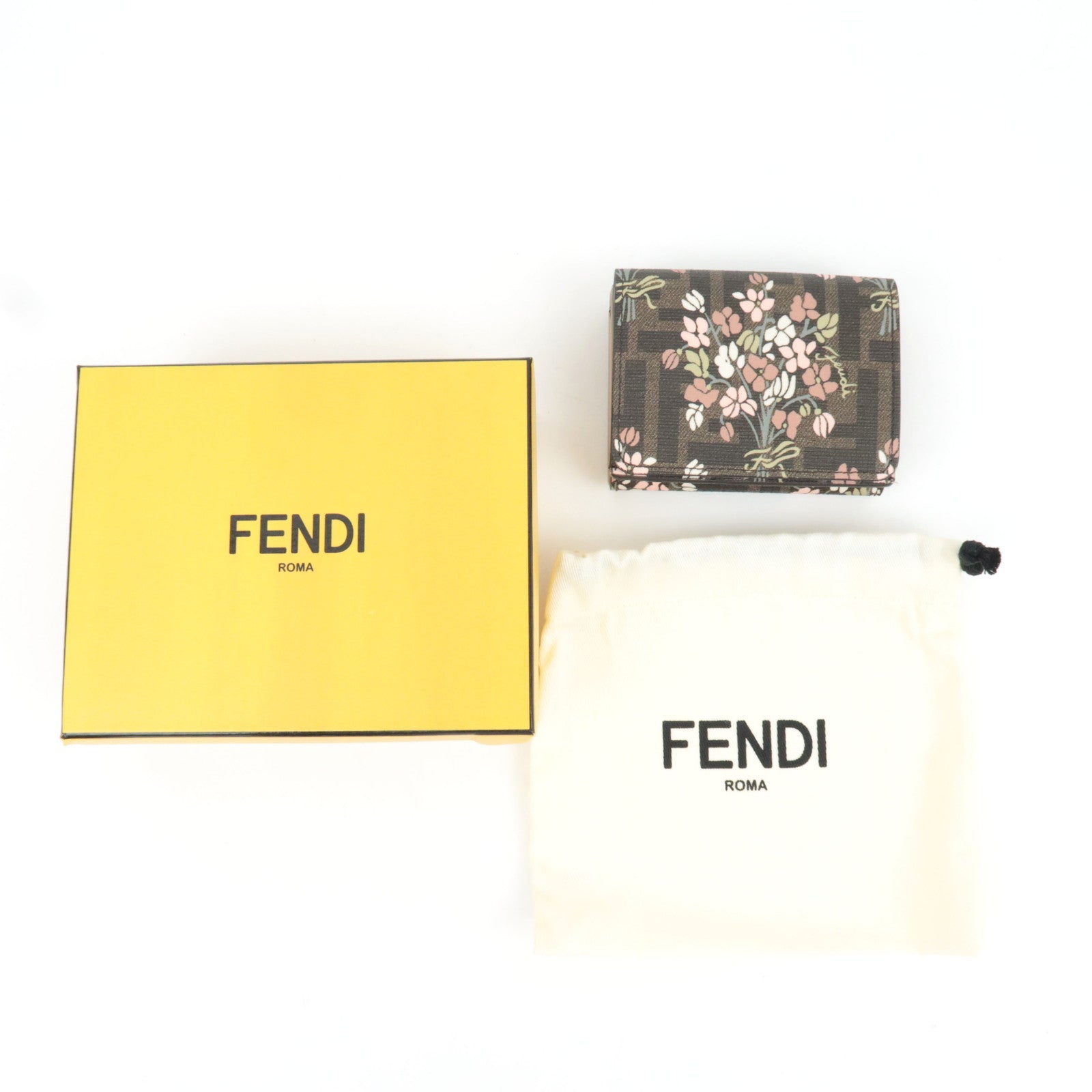 FENDI Zucca Flower Print Tri-Fold Wallet PVC Brown Black 8M0480 *Box, Dust bag