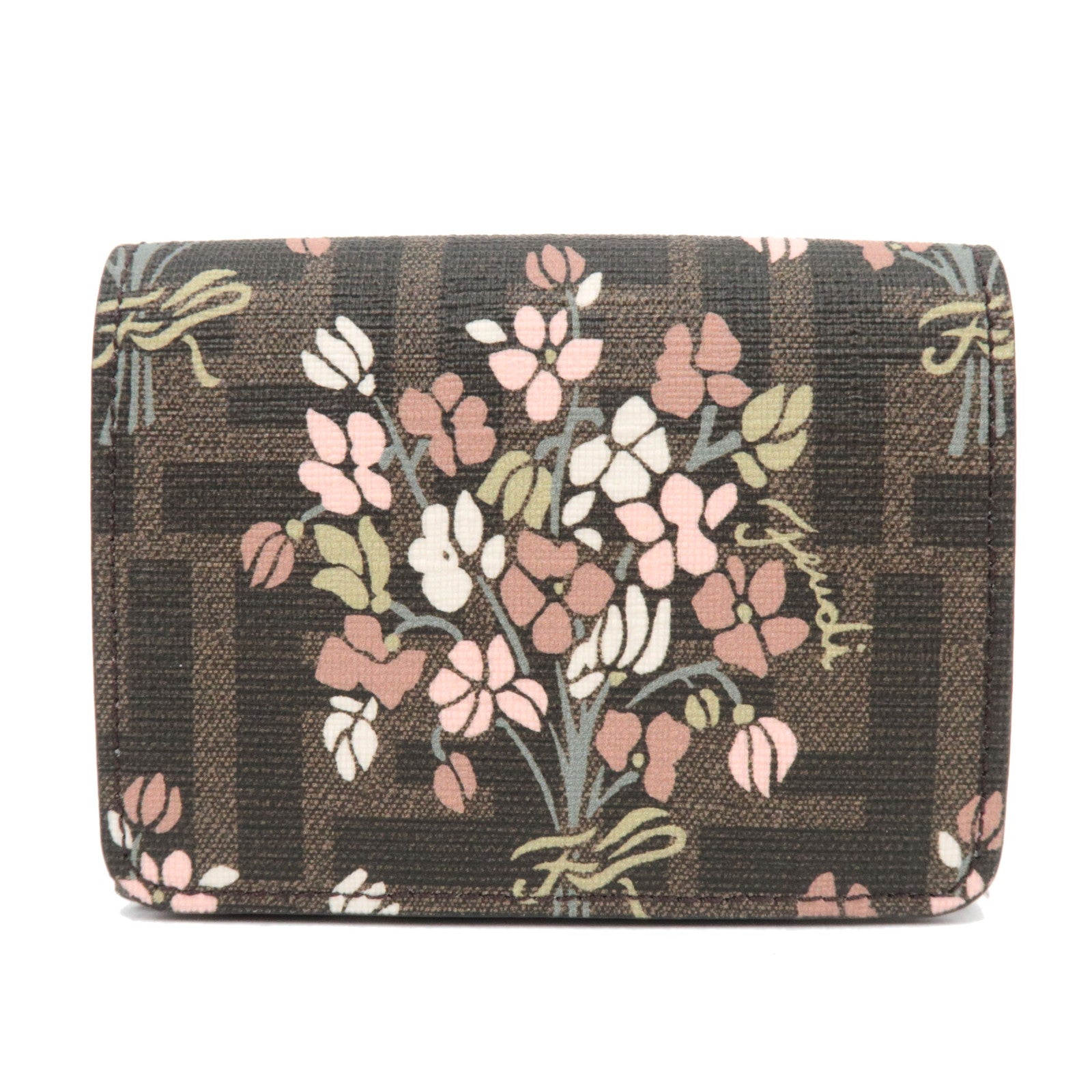 FENDI Zucca Flower Print Tri-Fold Wallet PVC Brown Black 8M0480 *Box, Dust bag79160