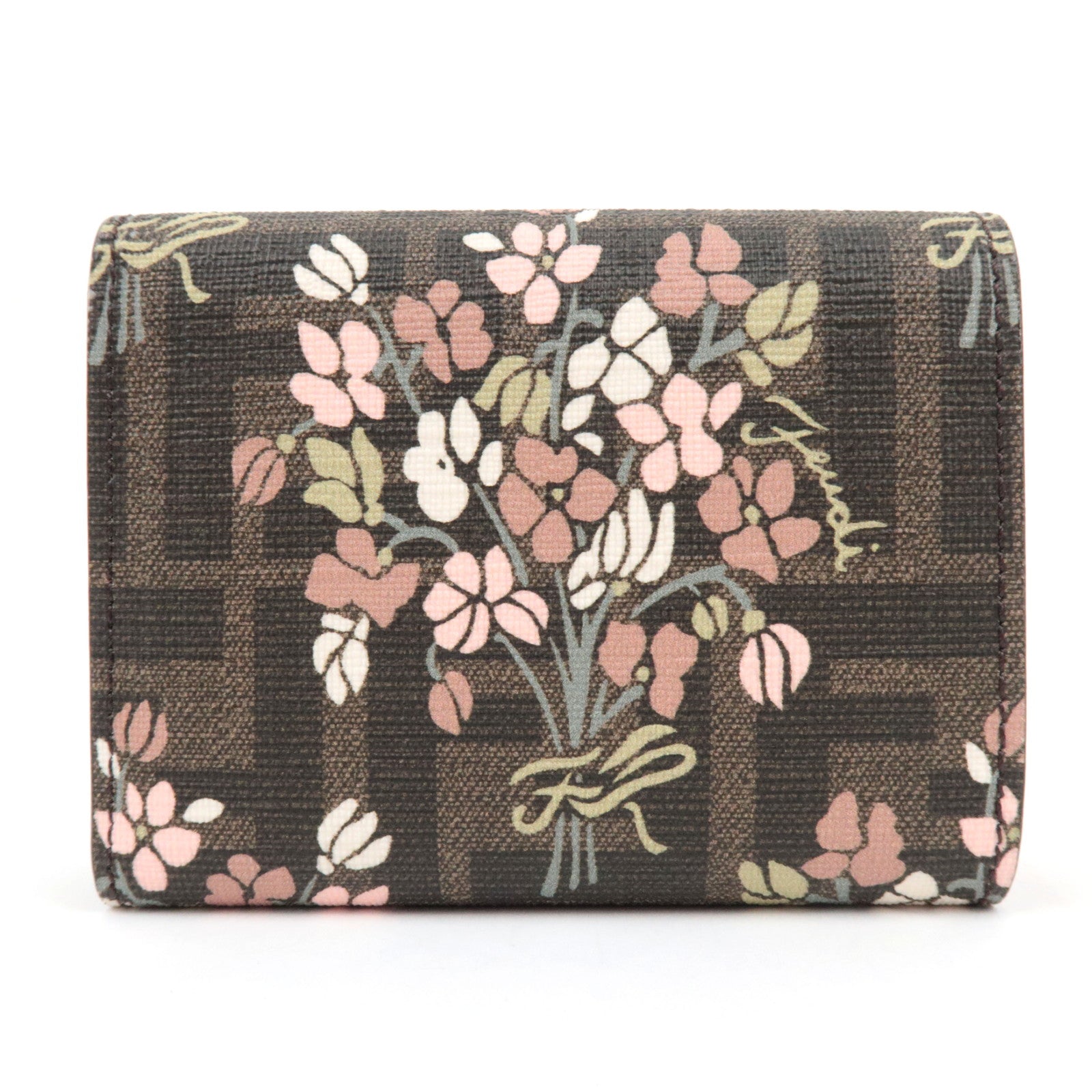 FENDI Zucca Flower Print Tri-Fold Wallet PVC Brown Black 8M0480 *Box, Dust bag