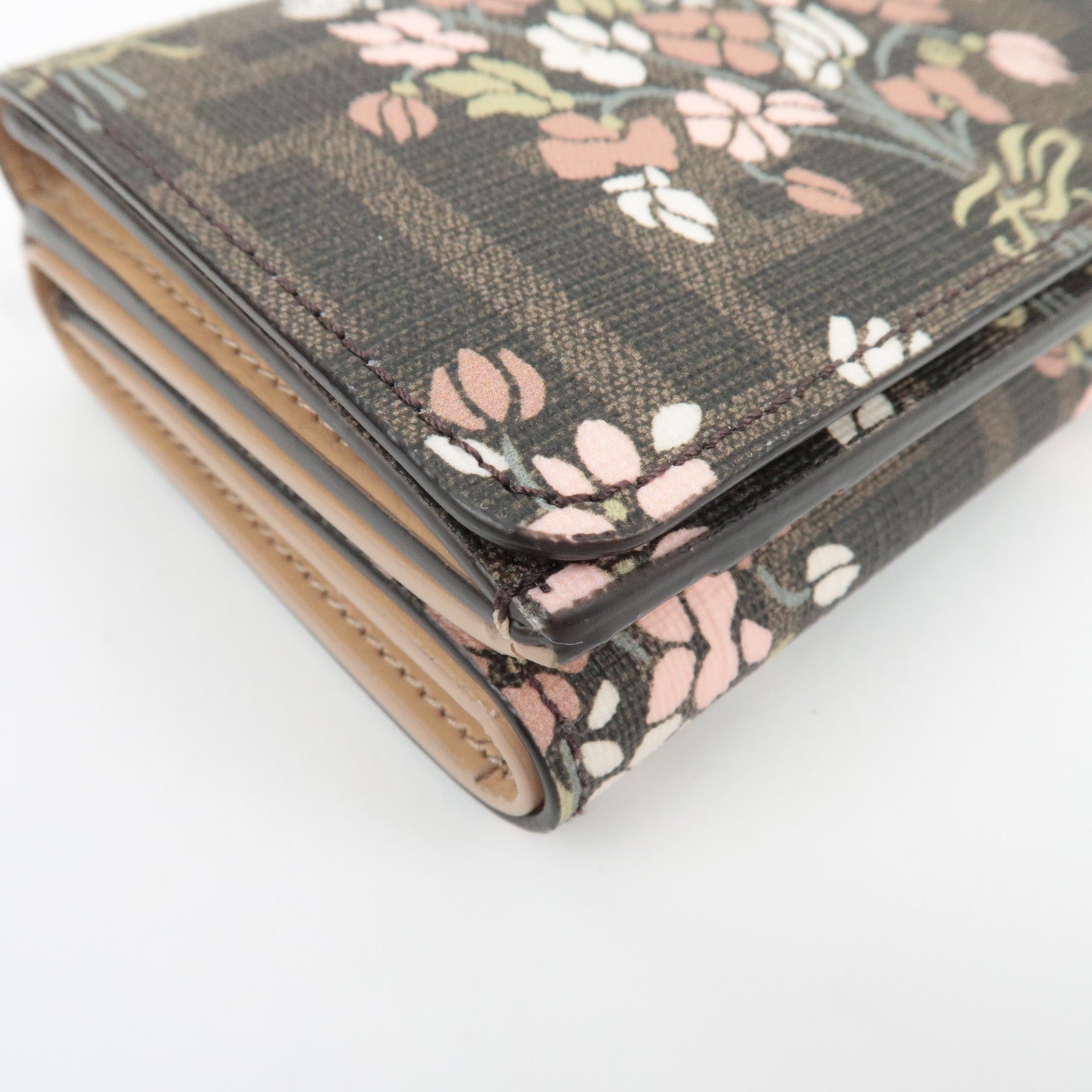 FENDI Zucca Flower Print Tri-Fold Wallet PVC Brown Black 8M0480 *Box, Dust bag