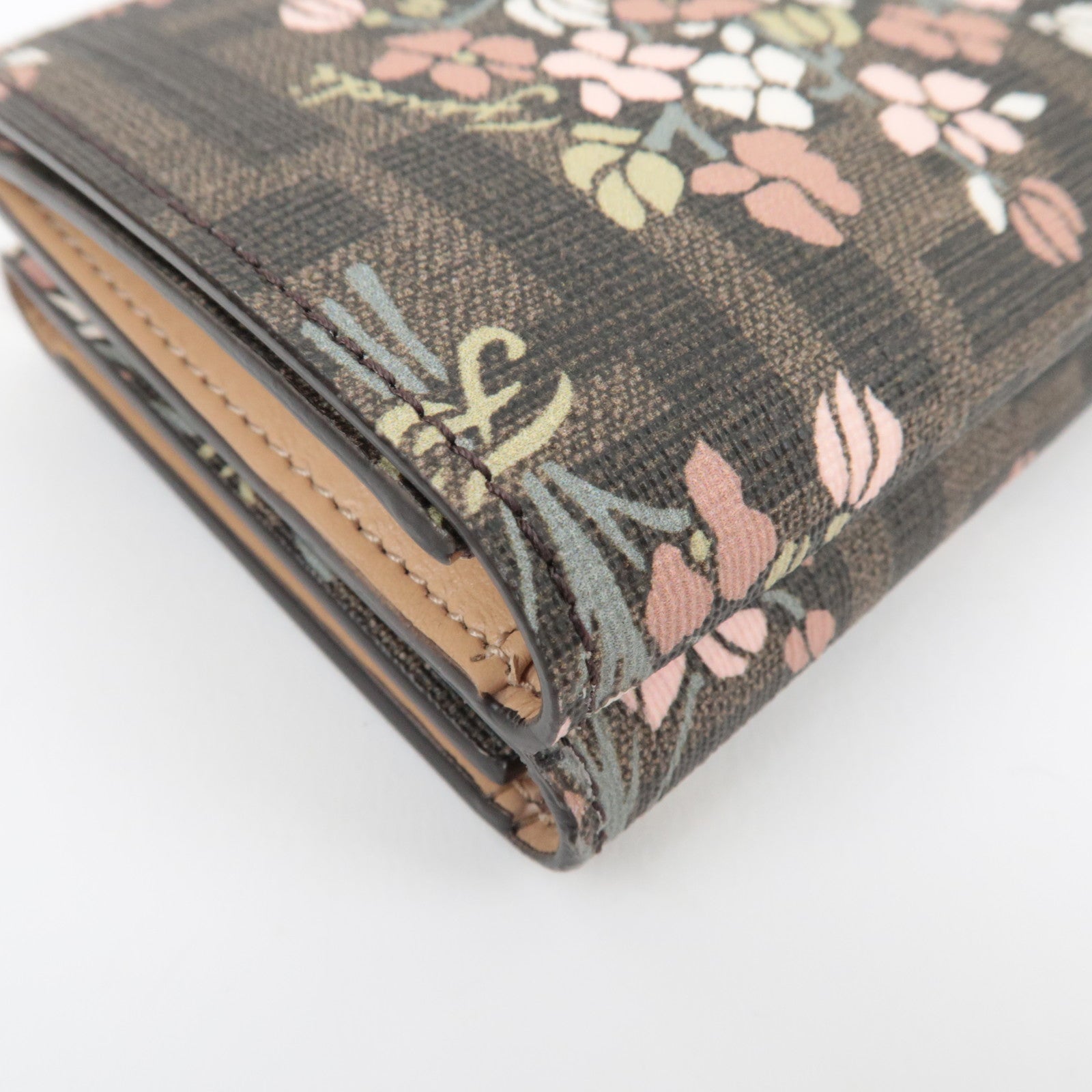 FENDI Zucca Flower Print Tri-Fold Wallet PVC Brown Black 8M0480 *Box, Dust bag