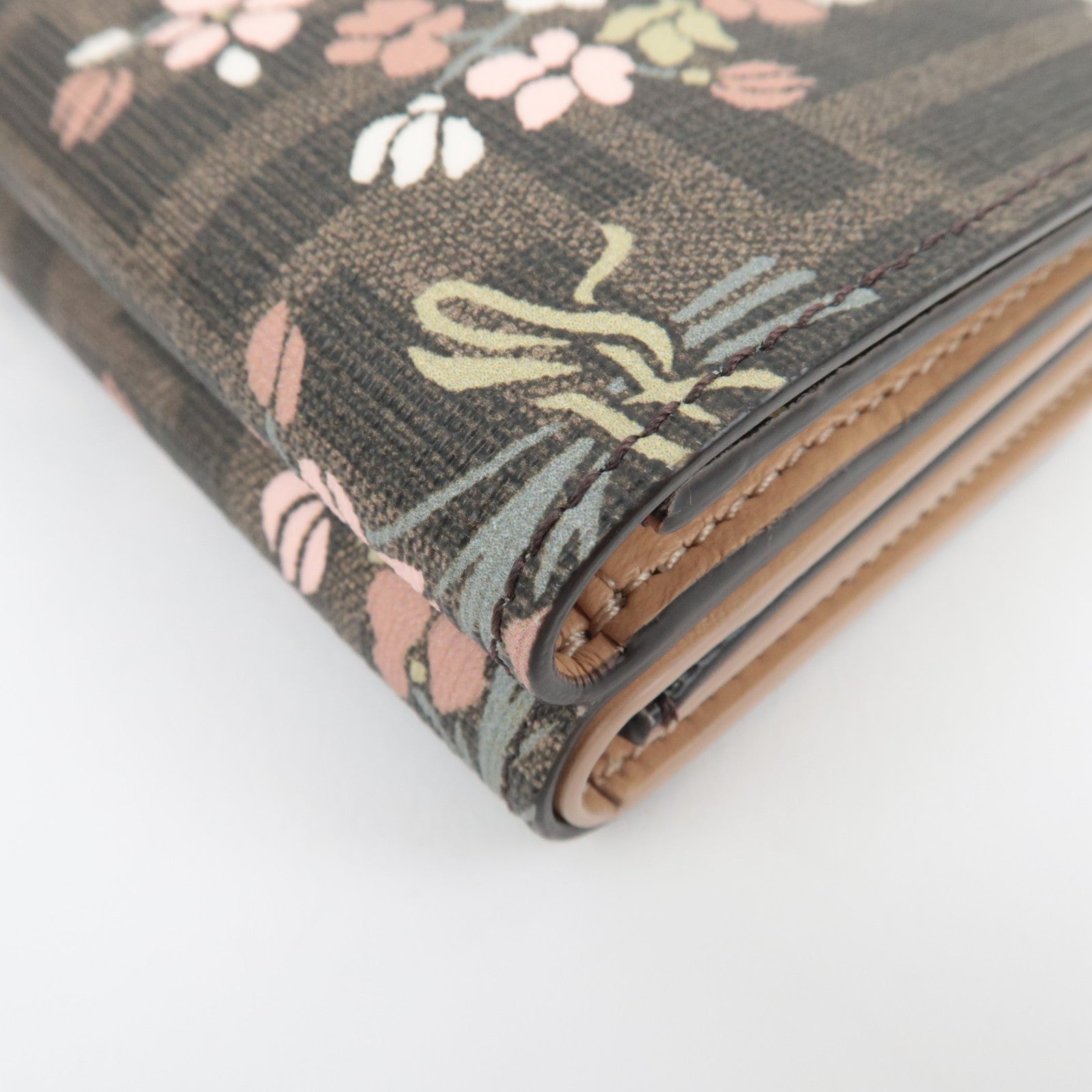 FENDI Zucca Flower Print Tri-Fold Wallet PVC Brown Black 8M0480 *Box, Dust bag