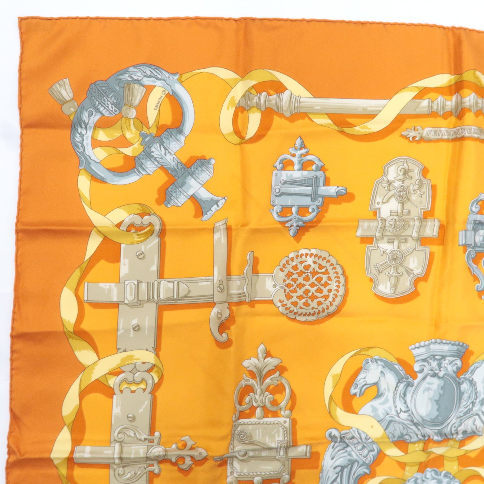 HERMES Carre 90 Scarf FERRONNERIE 100% Silk Orange