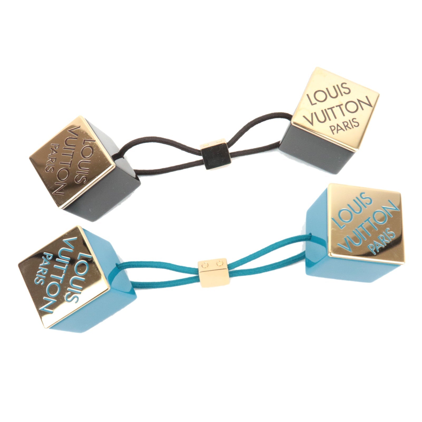 Louis Vuitton Set of 2 Hair Cube Hair Ties Plastic Blue Brown *Box79391