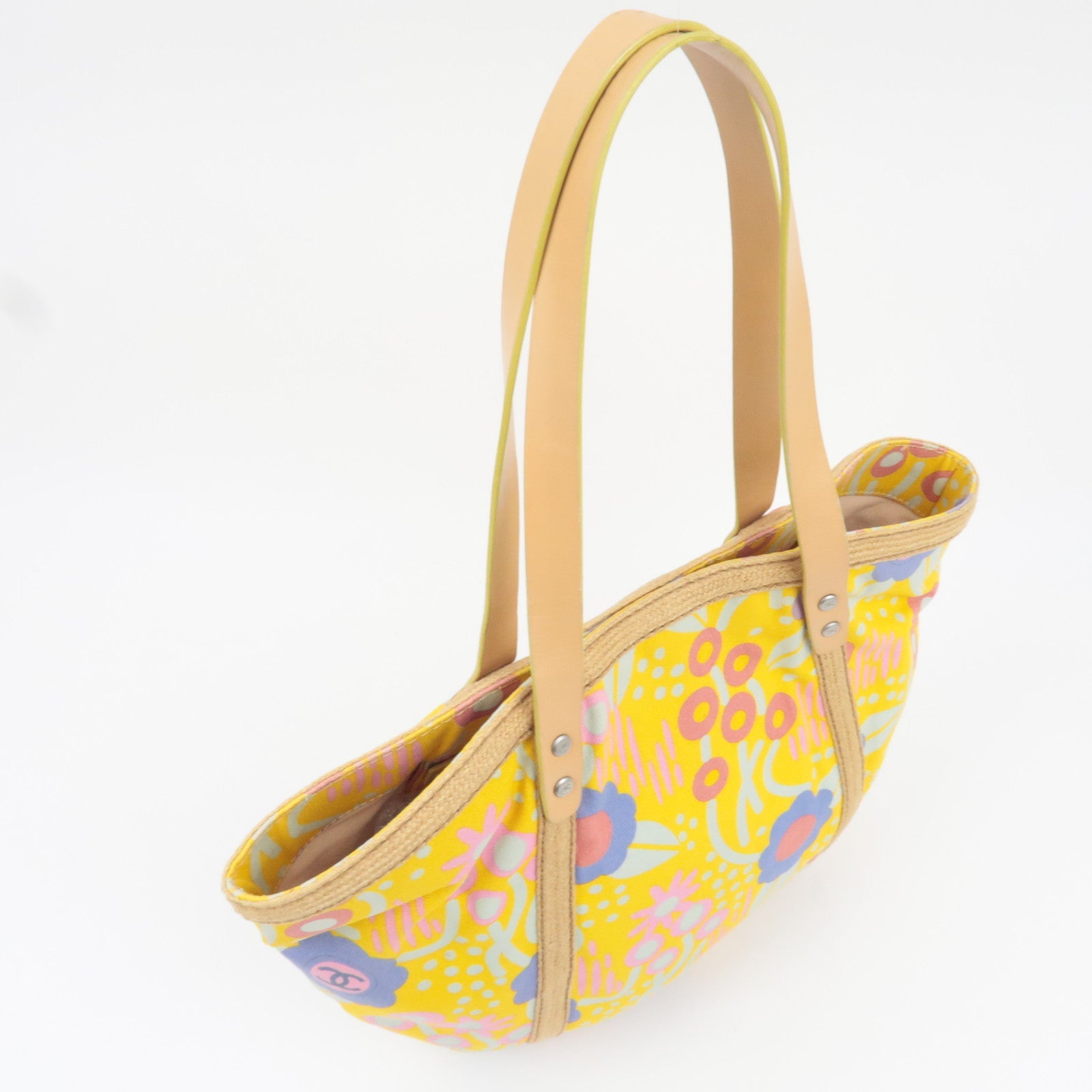 CHANEL High Summer Flower Tote Bag Canvas Leather Yellow Beige 8313589