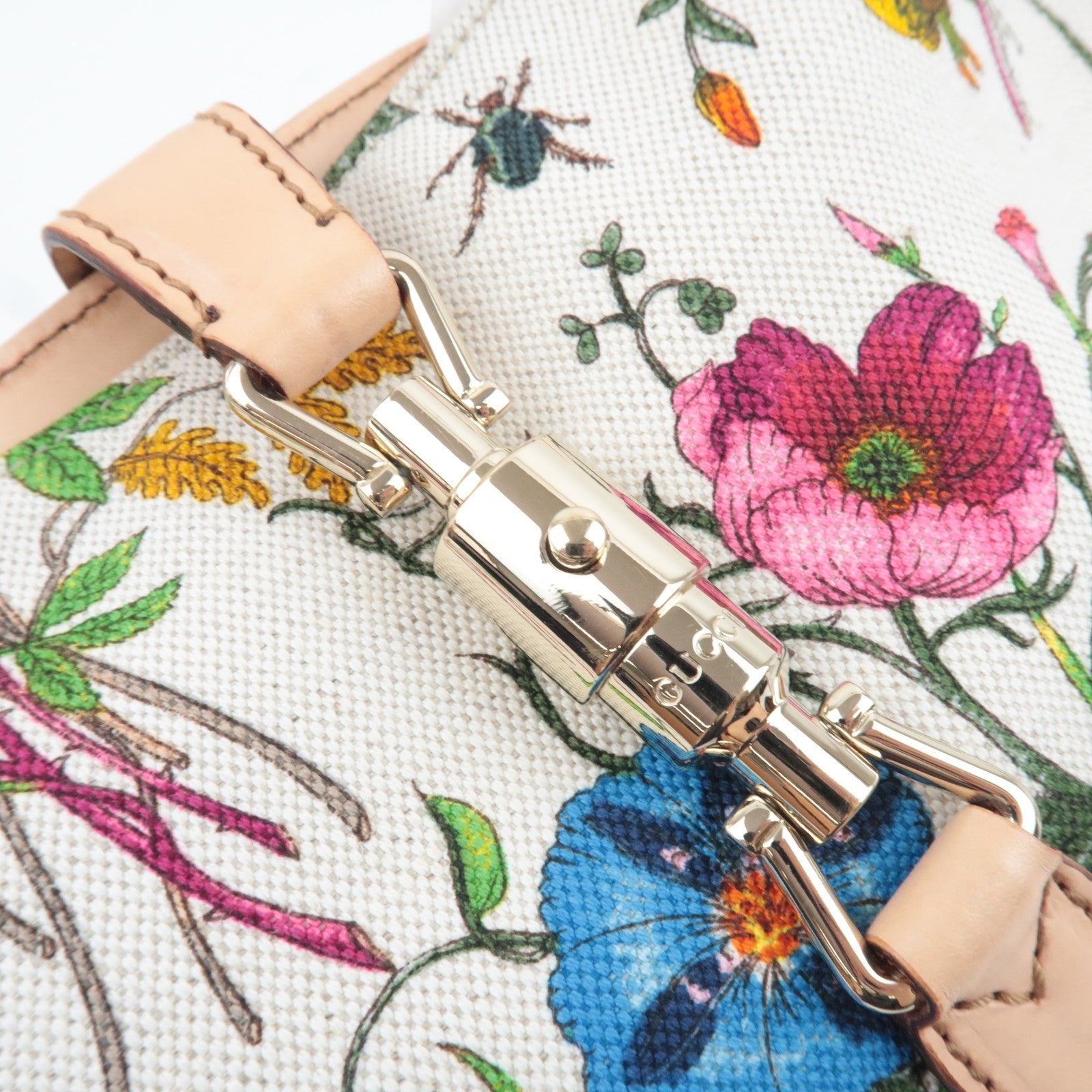 GUCCI New Jackie Flora One Shoulder Bag Canvas Leather Ivory Beige 137335
