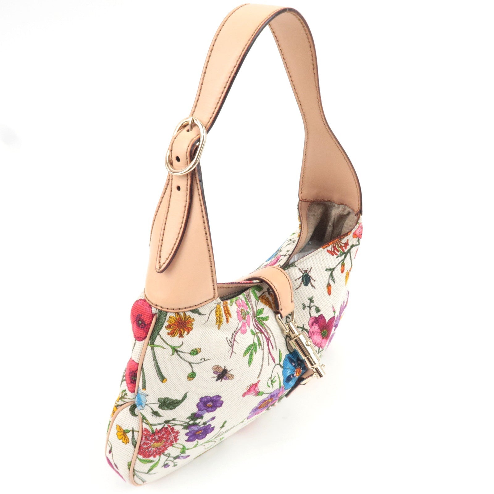GUCCI New Jackie Flora One Shoulder Bag Canvas Leather Ivory Beige 137335
