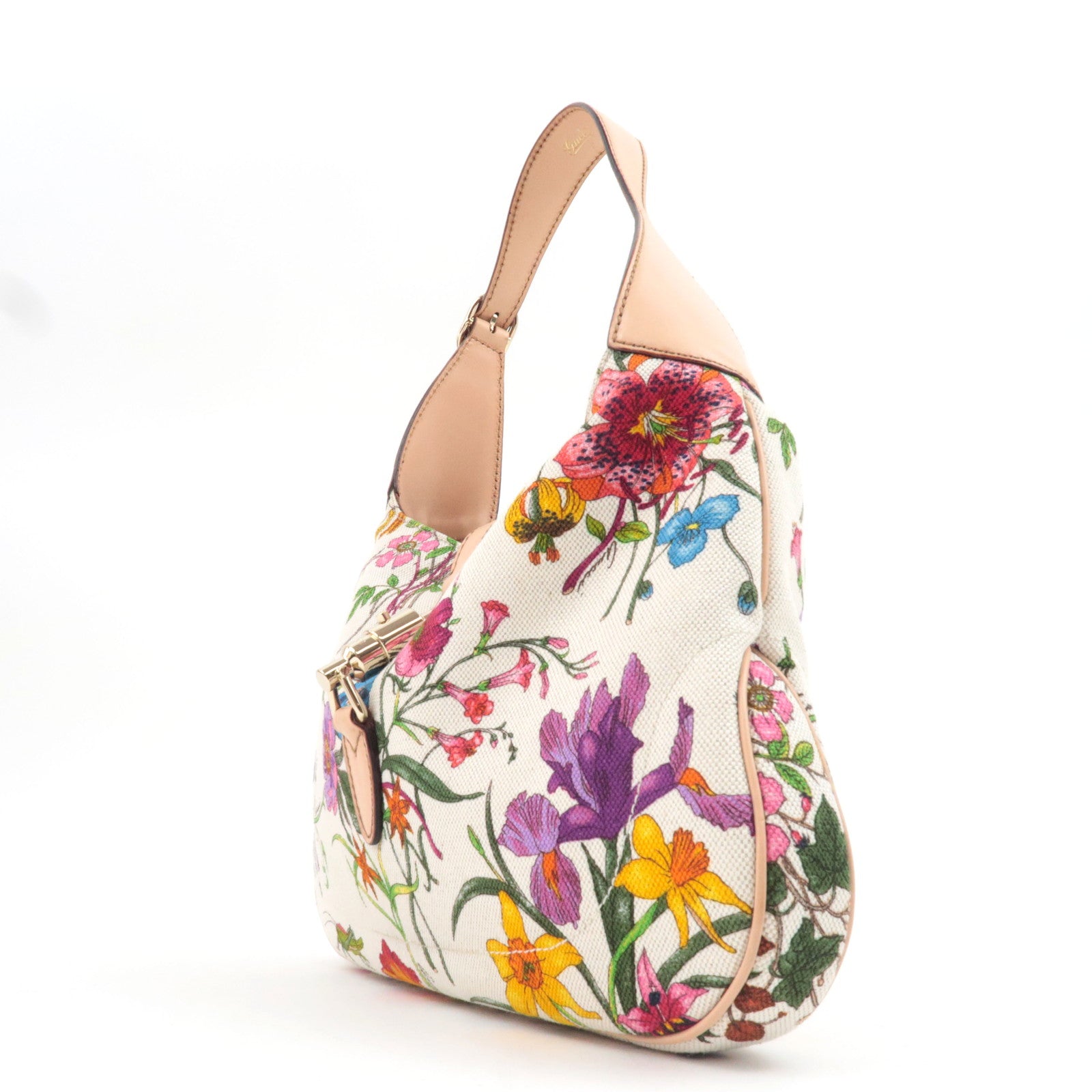 GUCCI New Jackie Flora One Shoulder Bag Canvas Leather Ivory Beige 137335