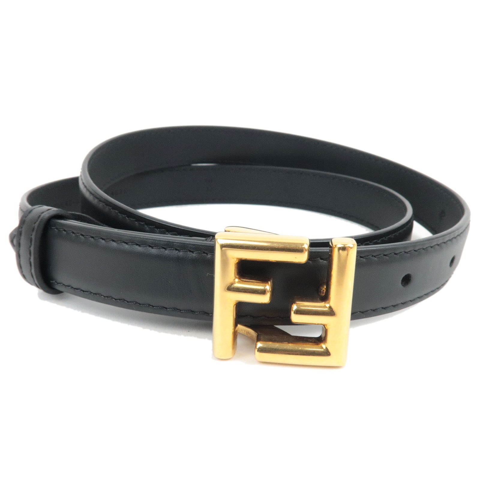 FENDI Leather FF Logo Belt Black Gold HDW 80/32 8C064879722