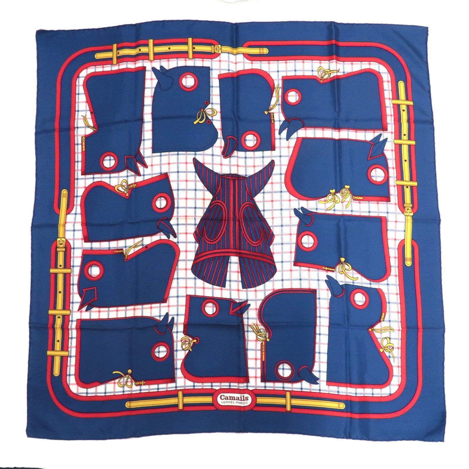 HERMES Carre 90 Scarf Horse Print Silk 100% Blue Camails79747