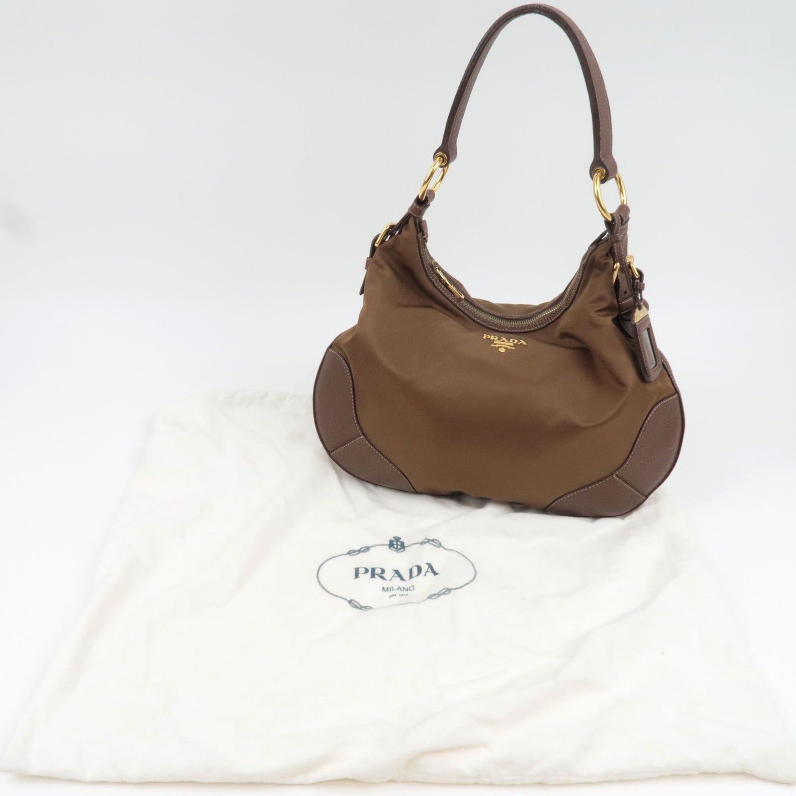 PRADA Logo One Shoulder Bag Nylon Leather Brown *Dust bag, Name tag
