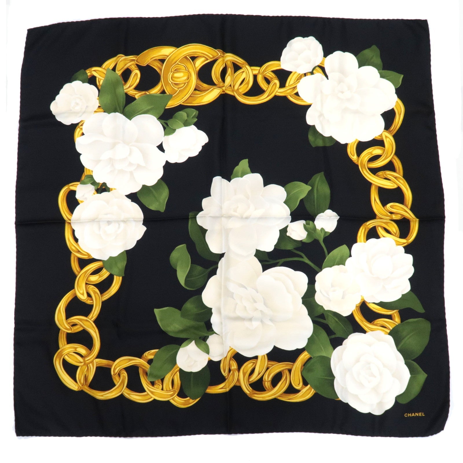 CHANEL Scarf Flower Print 100% Silk Black White80161