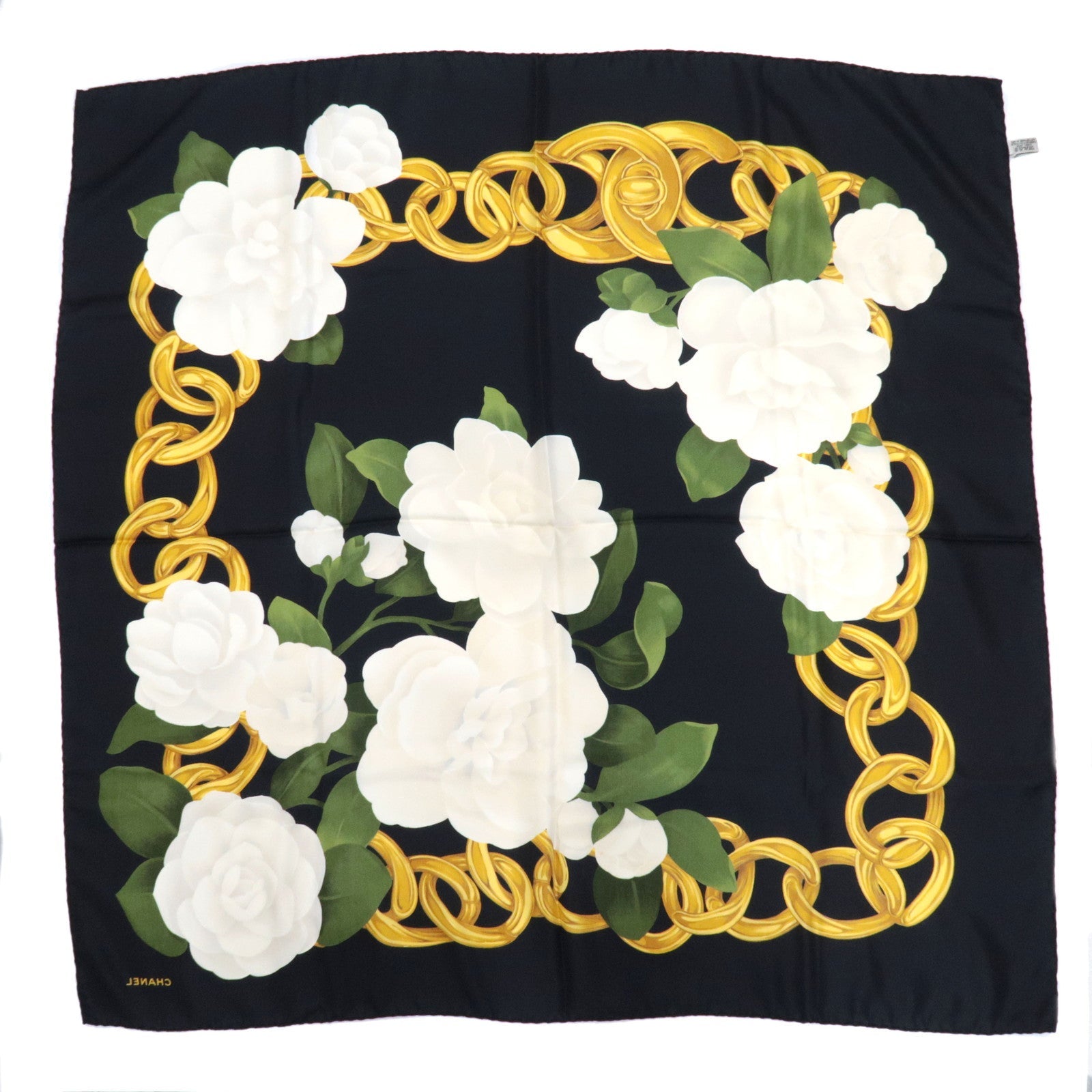 CHANEL Scarf Flower Print 100% Silk Black White